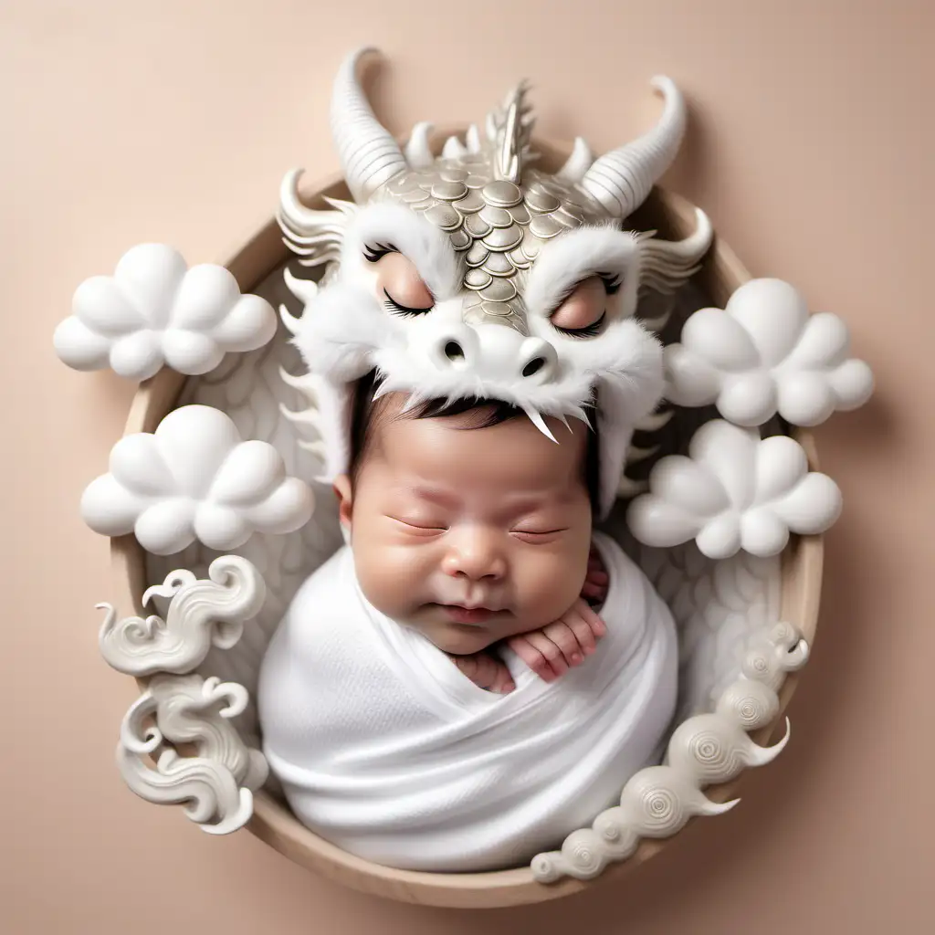 cute chinese dragon closed eyes smiling newborn baby with asian fantasy oriental clouds and dragons chinese dragon background in white colour and clean neutral soft colours not showing hands