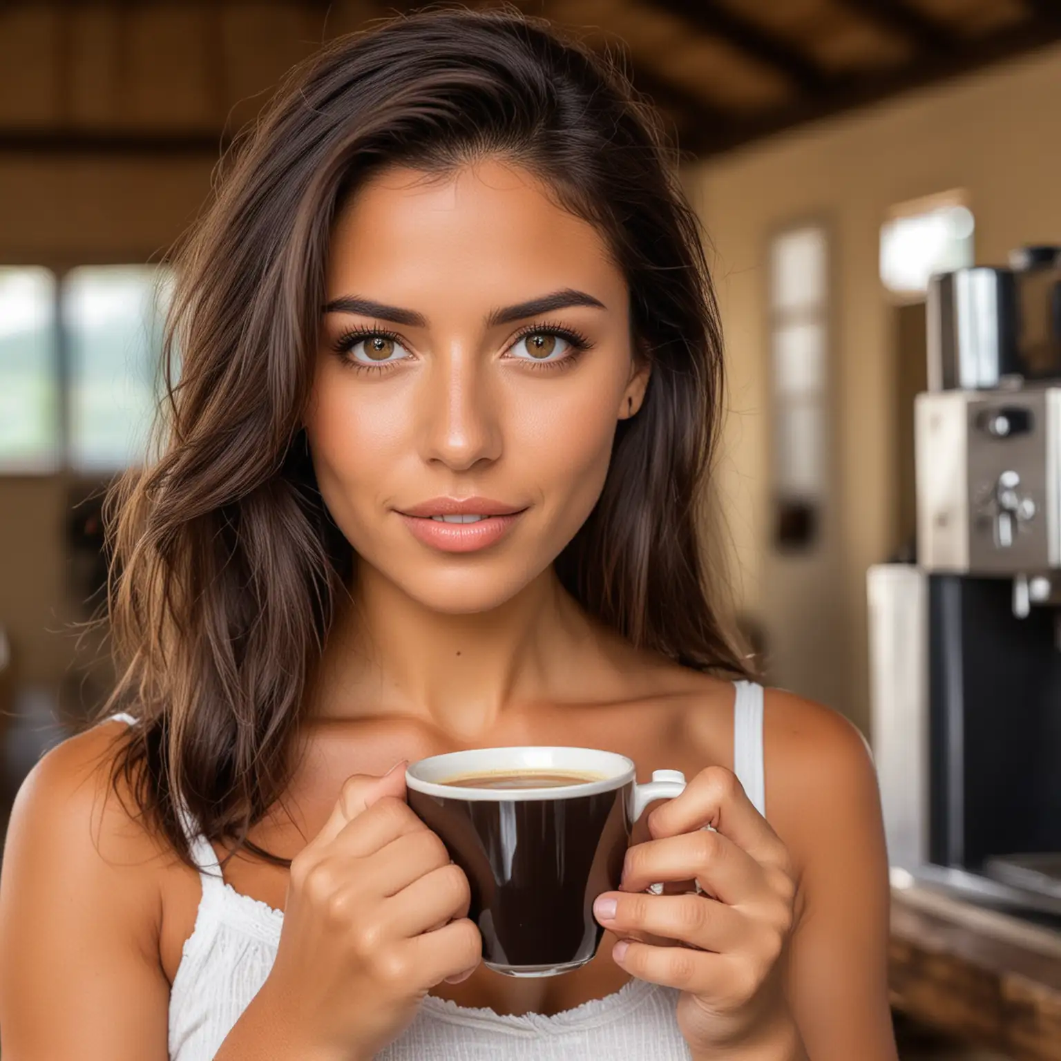 Hermosa y sexi mujer colombiana de ojos claros y piel trigueña. Muestrala en una finca con una taza de café en su mano y una máquina profesional italiana de café en el fondo.