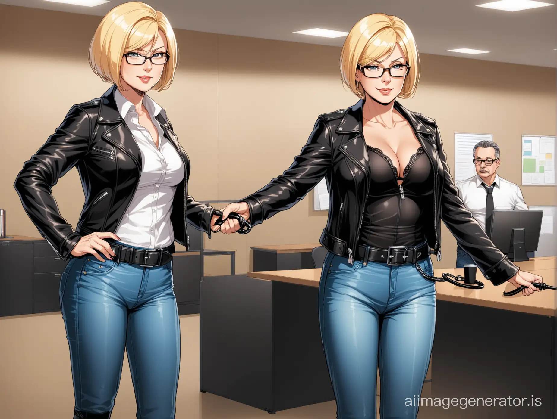 Dominant-Blonde-Mistresses-in-Leather-and-Jeans-Exuding-Authority-in-an-Office-Setting