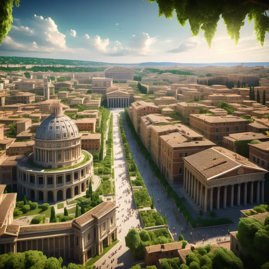 ancient roman cityscape with towering buildings and green gardens, bright, lush and utopian