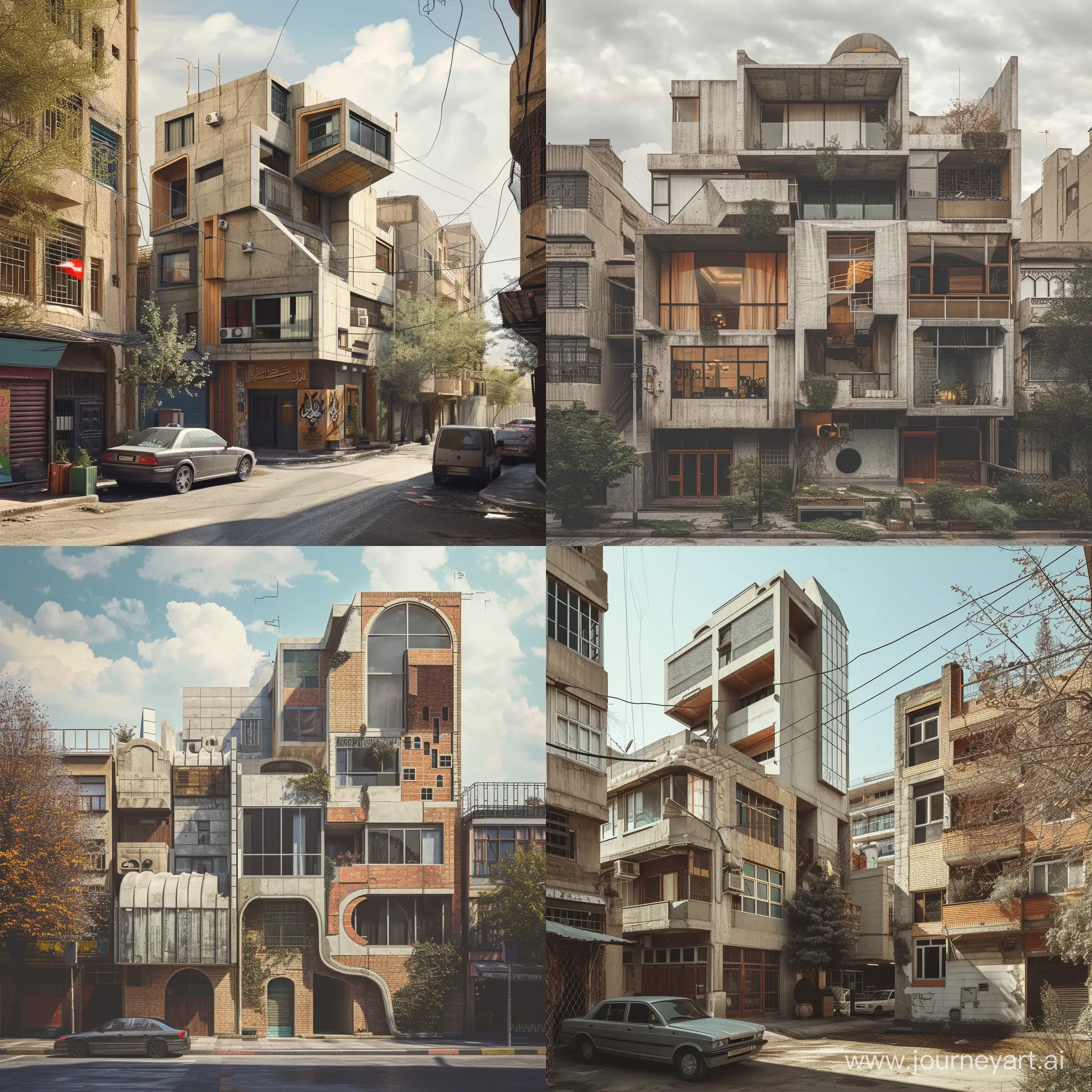 A collage architecture in the urban space of Tehran. Changes should not be exaggerated. A collage-like architecture can be seen in the buildings. Collage can be an indoctrination of futuristic architecture and maybe Islamic architecture. The output should be displayed like a realistic photo.