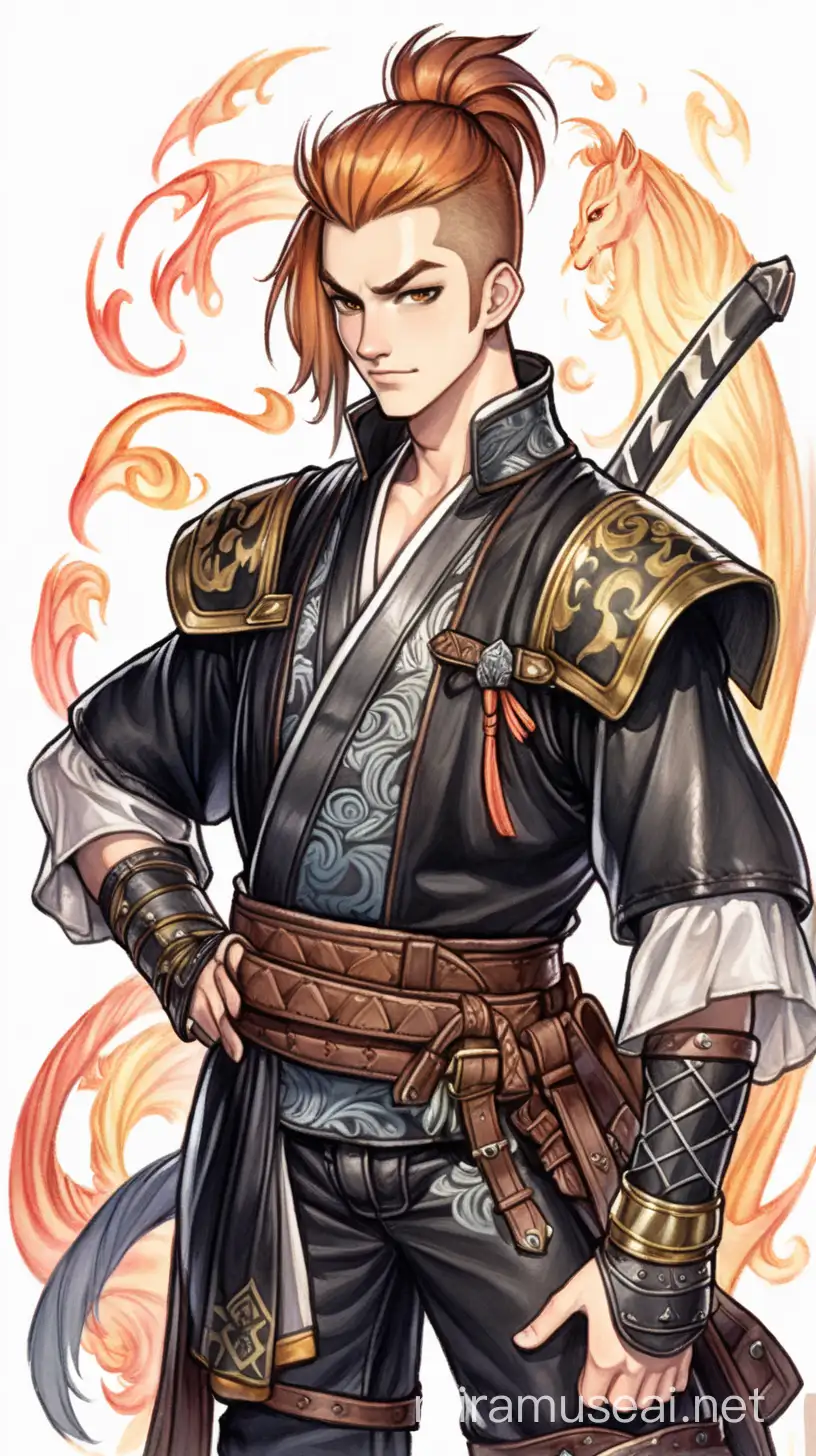  young male flirty rogue swashbuckler semi-kitsune with pony tail hair wearing translucent black kimono under a lightweight leather armor, in the style of dungeon and dragons colored drawing