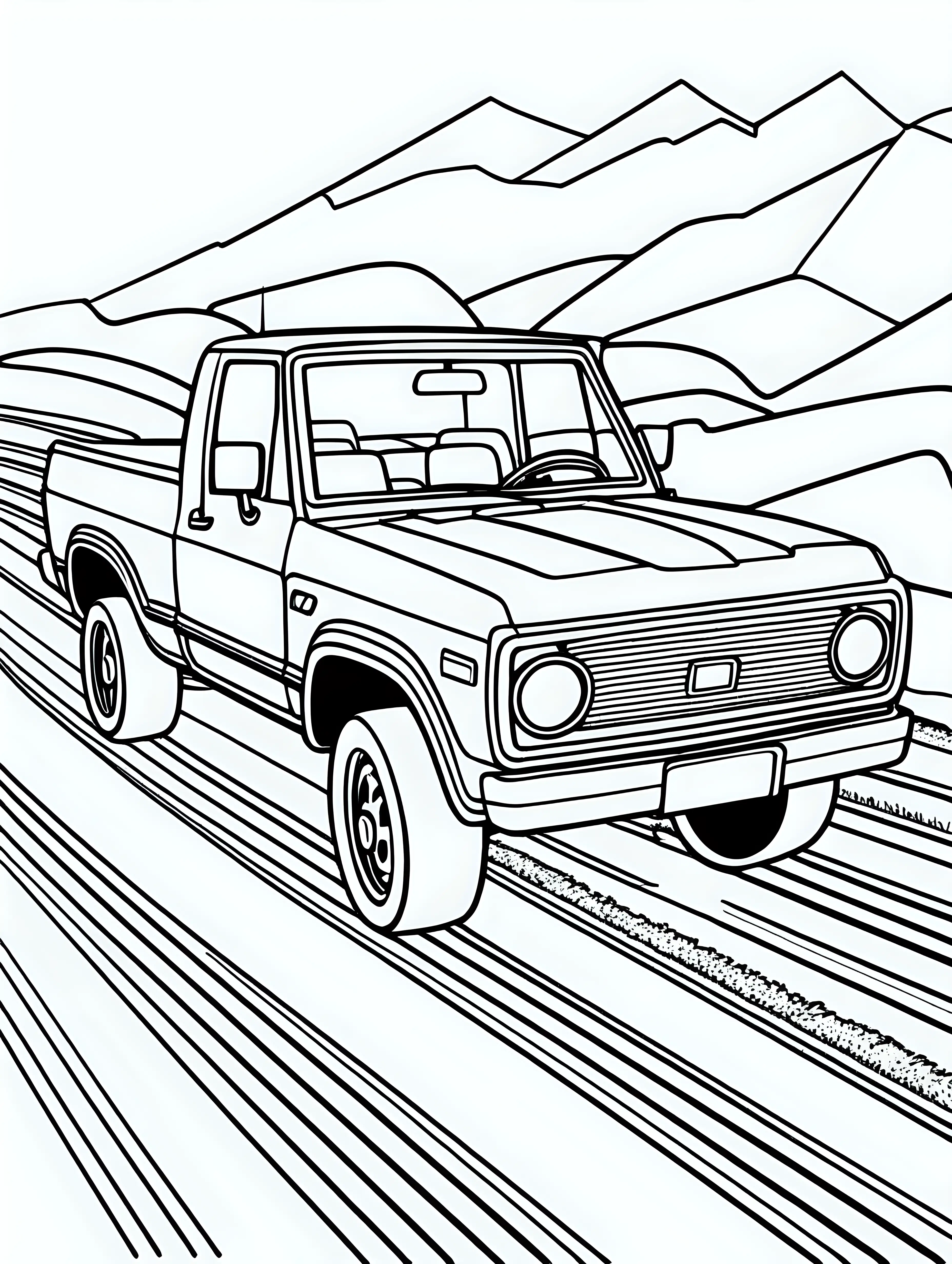 Coloring page for kids, pick up car, the car is on a car track, black lines white background 