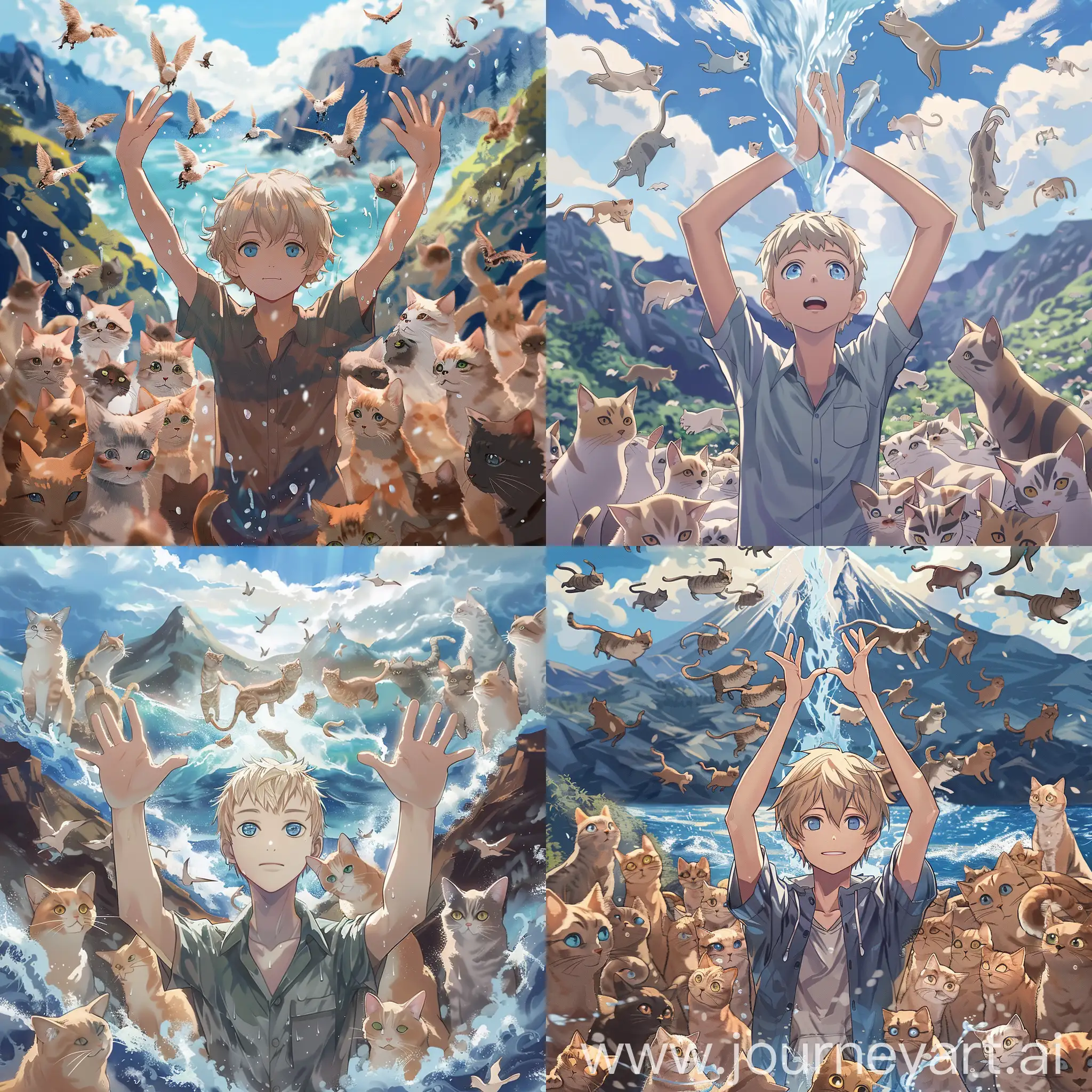 American anime guy with short blond hair and blue eyes with his hands lifted causing tides to come is standing in front of a mountain landscape, among hundreds of cats. Anime style