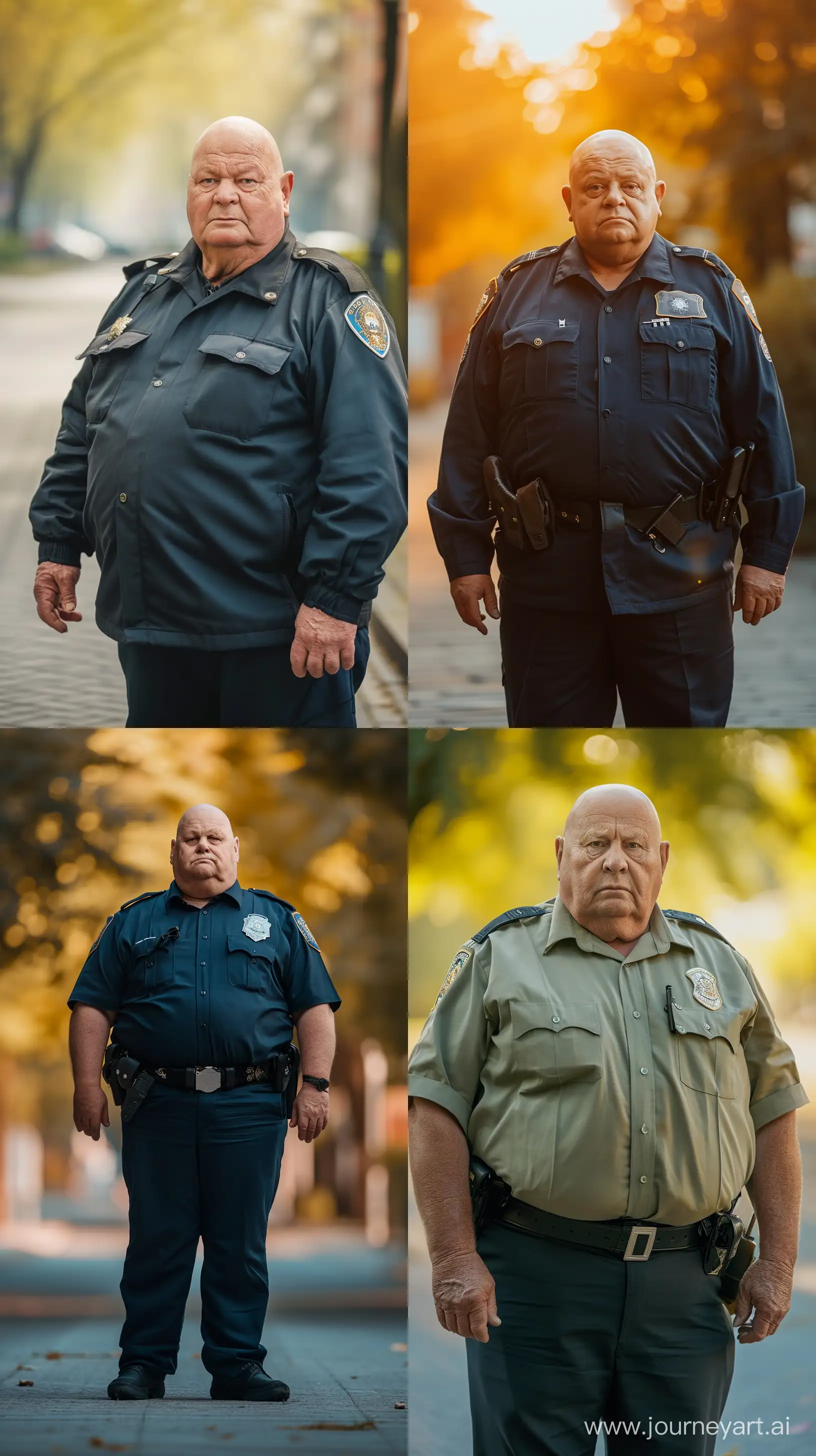 photo of a chubby man aged 70. He is  wearing a slightly shiny police office uniform. Natural Light. Clean shaven. Bald. Outside. Full body visible. High-quality. --ar 9:16 --v 6