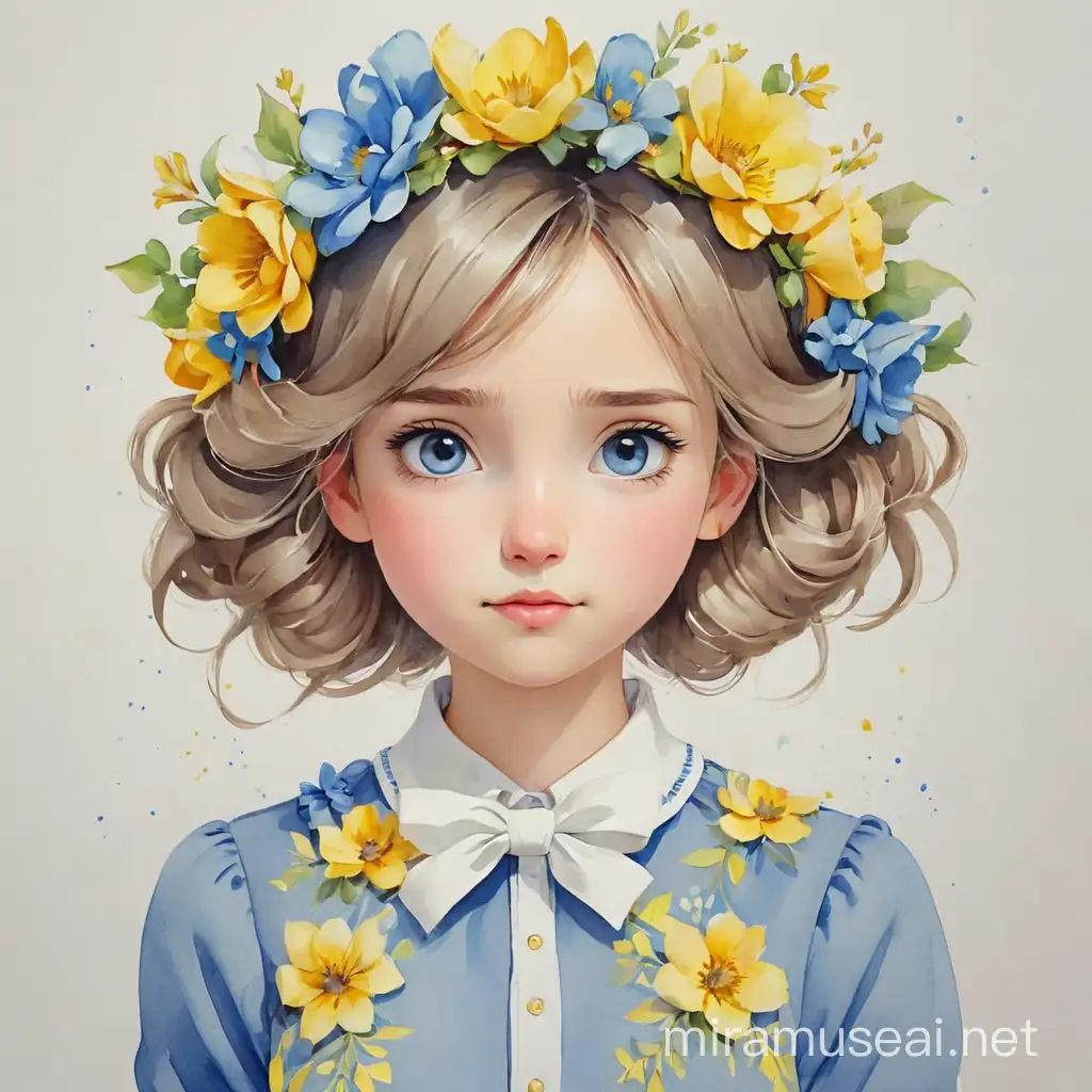 Girl with Blue and Yellow Floral Wreath in Watercolor Portrait