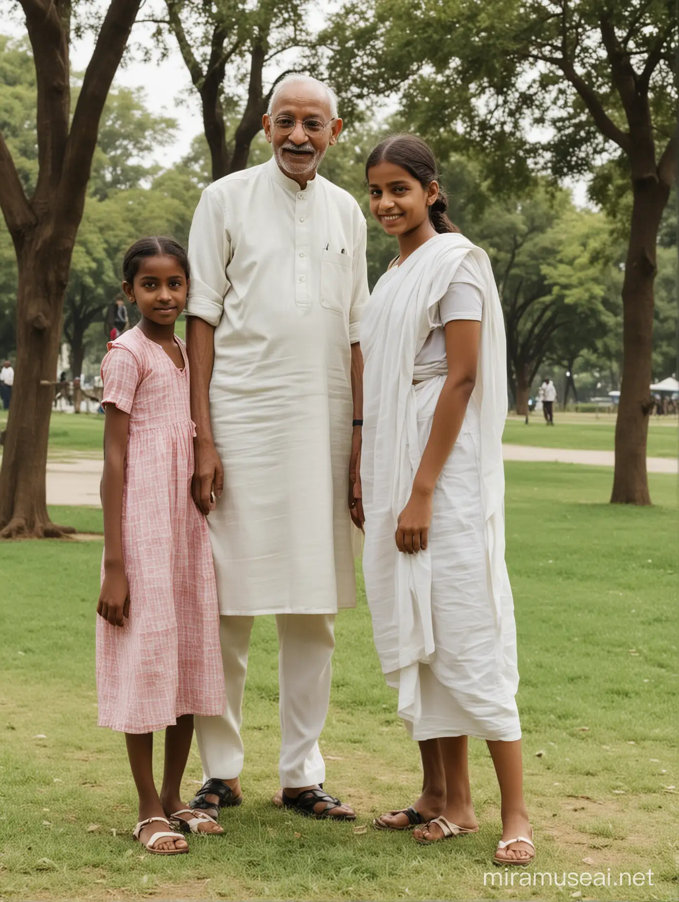 mahatama gandhi  with young girl, in a park