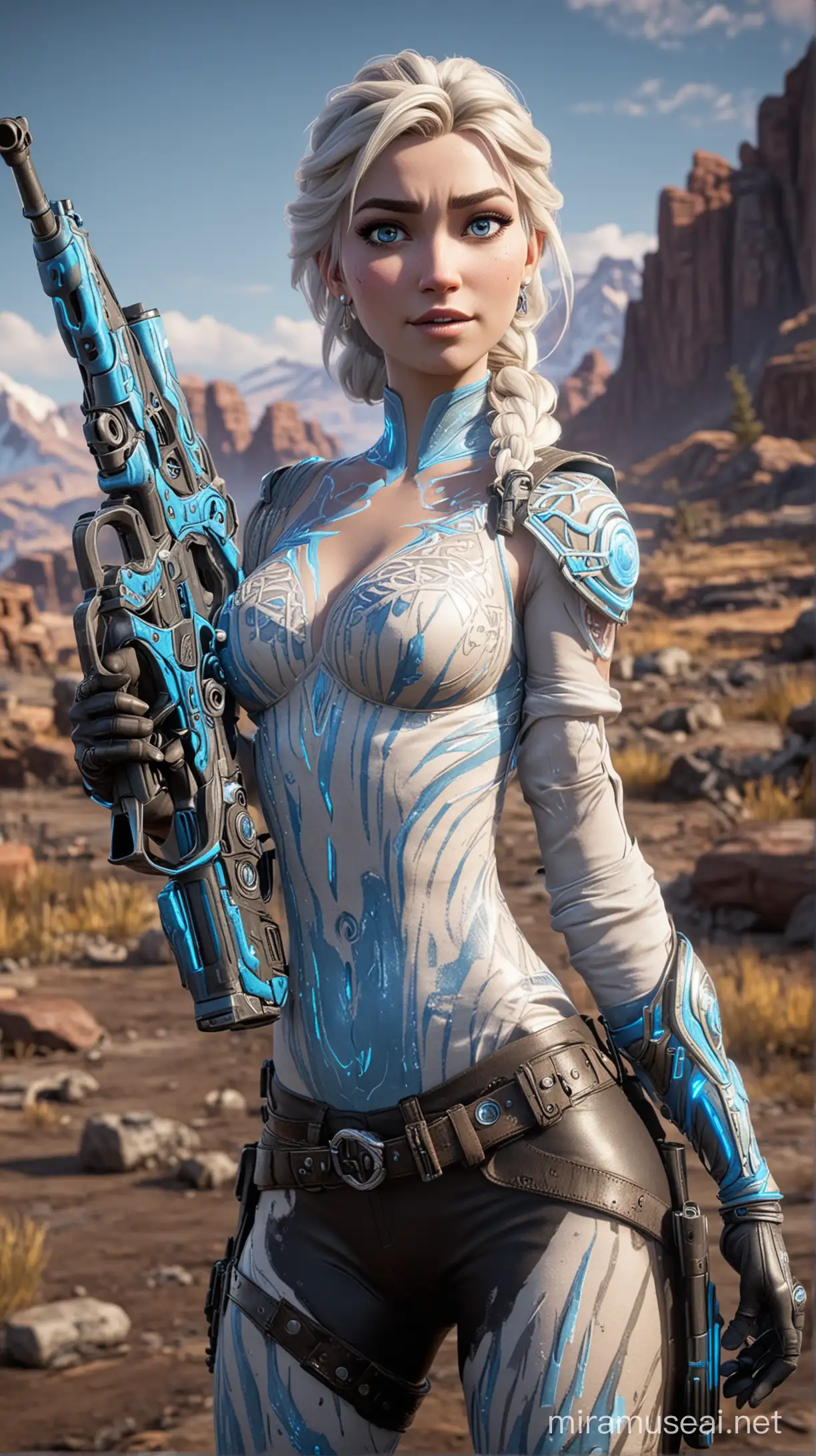 Elsa From Frozen in Borderlands 3 as a siren with glowing bright blue swirl markings in her skin on her arms and face, holding a large Gun in her hands. with borderlands scenery in the background.