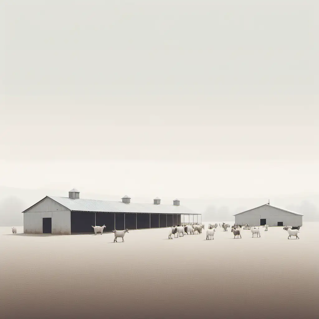 Serene Minimalist Goat Farm Landscape in Neutral Tones