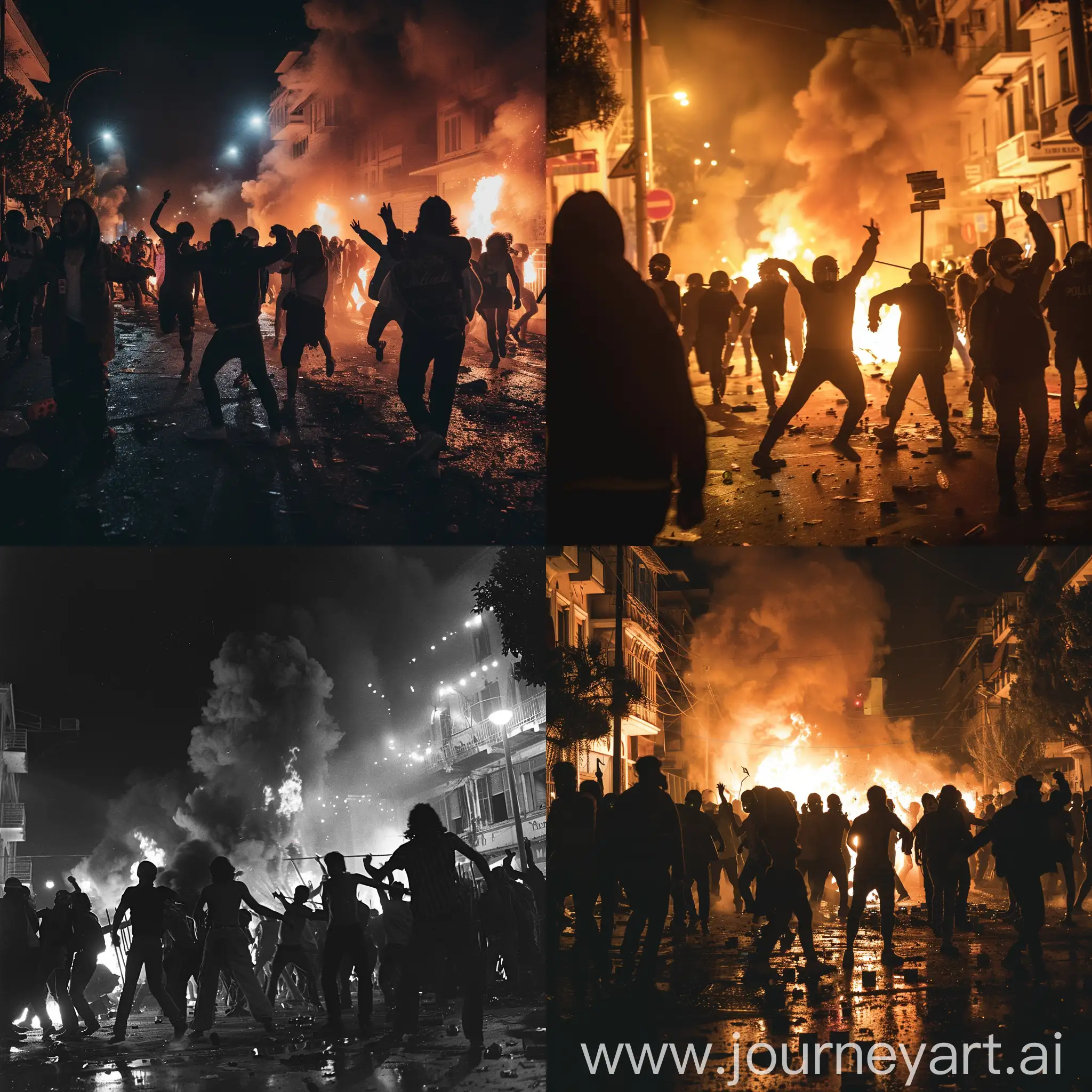riots take place during the night, in the city of athens, while people dance in front of the barricades, creating a revolutionary and majestic atmosphere, police is burned by molotvs and music