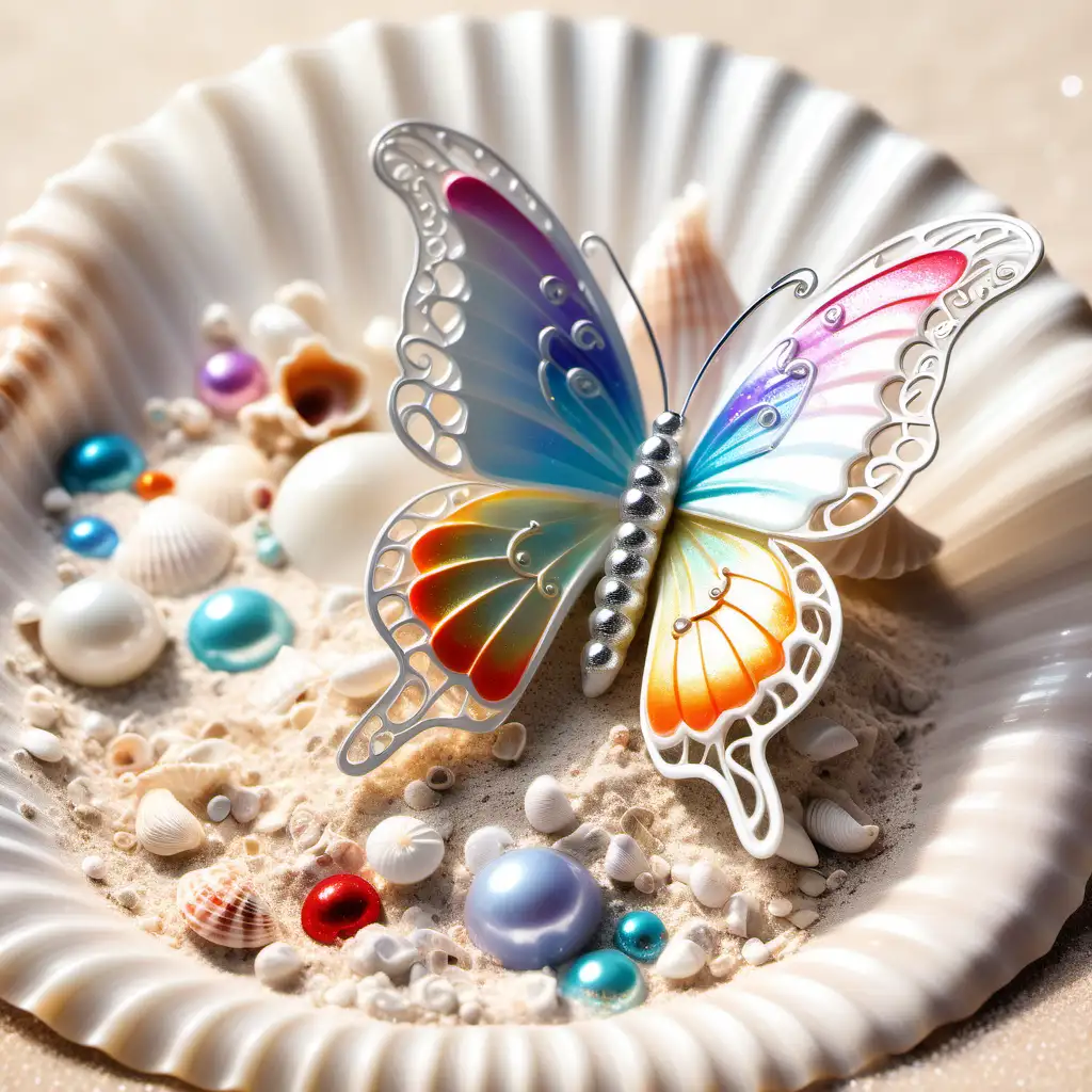 beautiful filigree butterfly, glittersplash, glitter dust, sparkle, in a beautiful seashell sand beach setting,  mother of pearl, sun rays, multi colored sky line, snow drop flowers and a butterfly