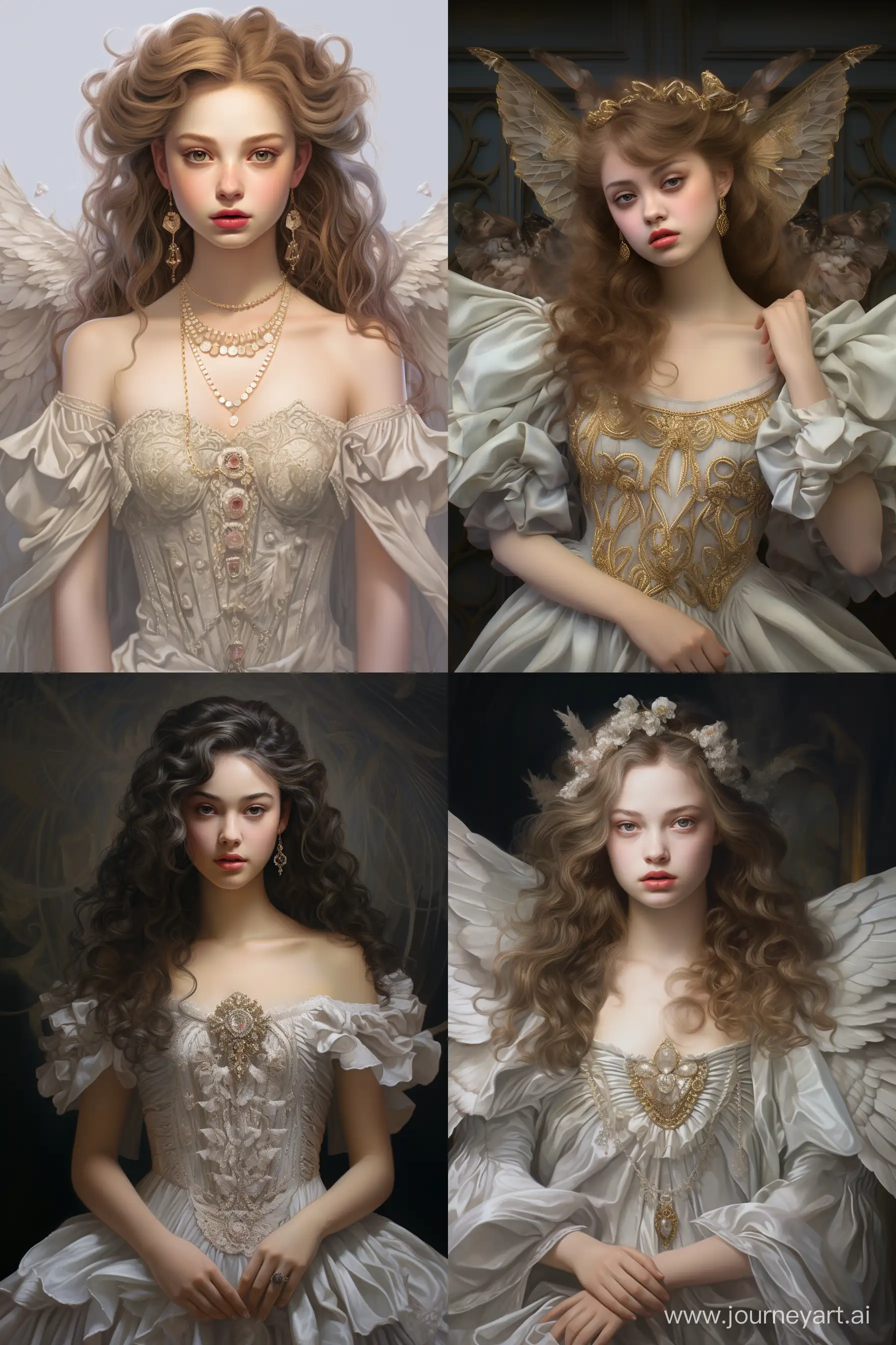A realistic, highly-detailed portrait of a breathtakingly beautiful 19-year-old girl resembling an angel, dressed in a vintage princess costume. The image should evoke a sense of ethereal elegance and grace. The orientation should be vertical to capture the full majesty of the subject. --s 150 --ar 2:3
