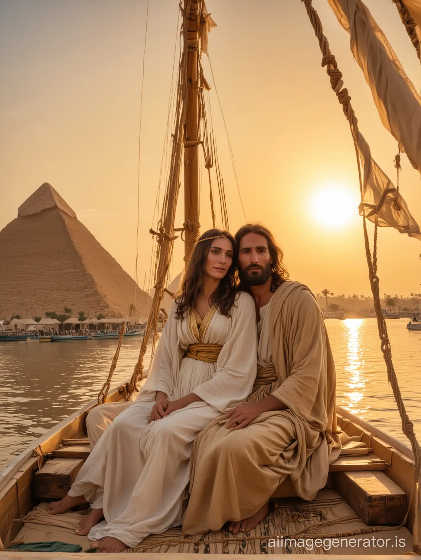 mary magdalene and jesus with a radiant golden glow, sitting in a felucca that passes by the pyramids