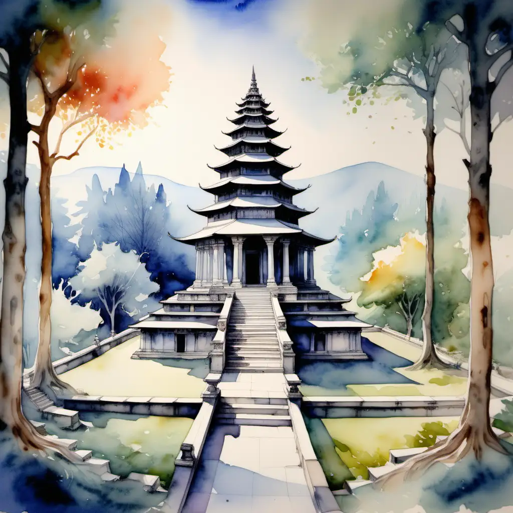 Spiritual Honeymoon Tranquil Temples and Sacred Chants Watercolor Art