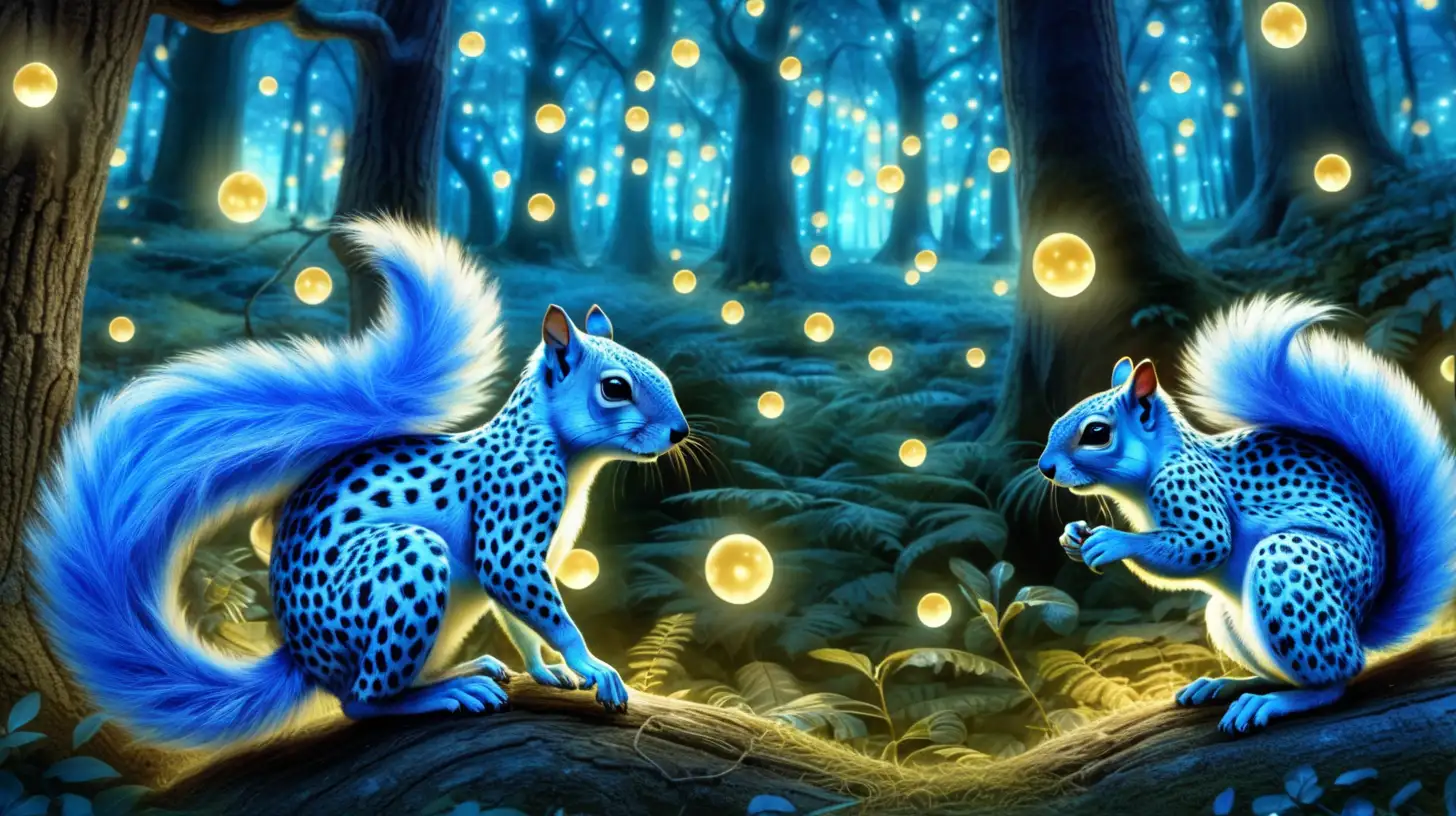 Enchanting HybridSquirrels with Glowing Blue Cheetah Spots in a Magical Forest