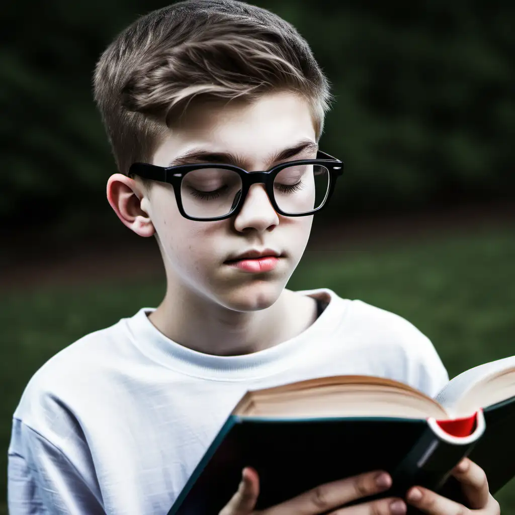 a whit teenager with thick glasses reading a book