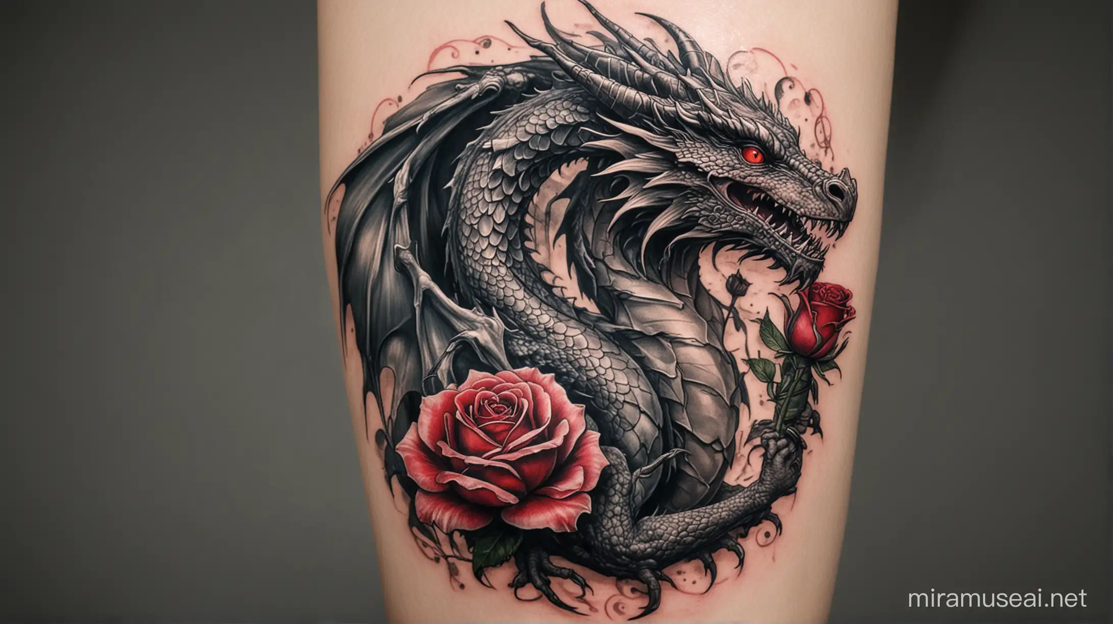 Dragon Tattoo Holding a Rose Intricate Inkwork Combining Mythical and Natural Elements