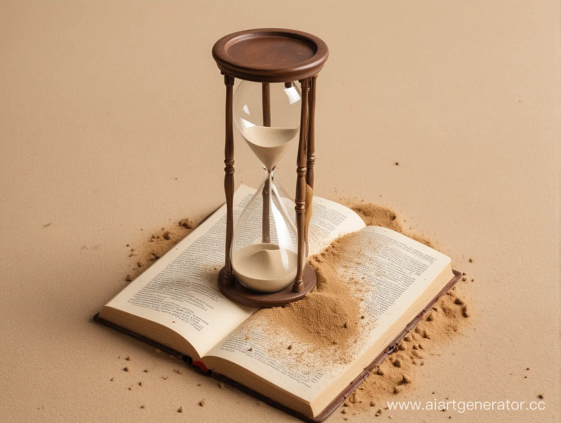 An hourglass with a broken bottom spills sand onto a book