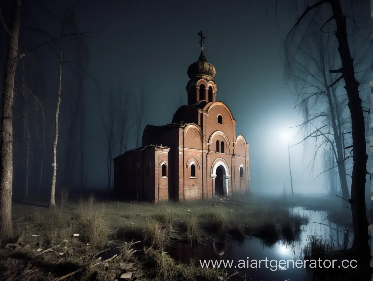 Разрушенная кирпичная православная церковь. Туман. Ночные болота.