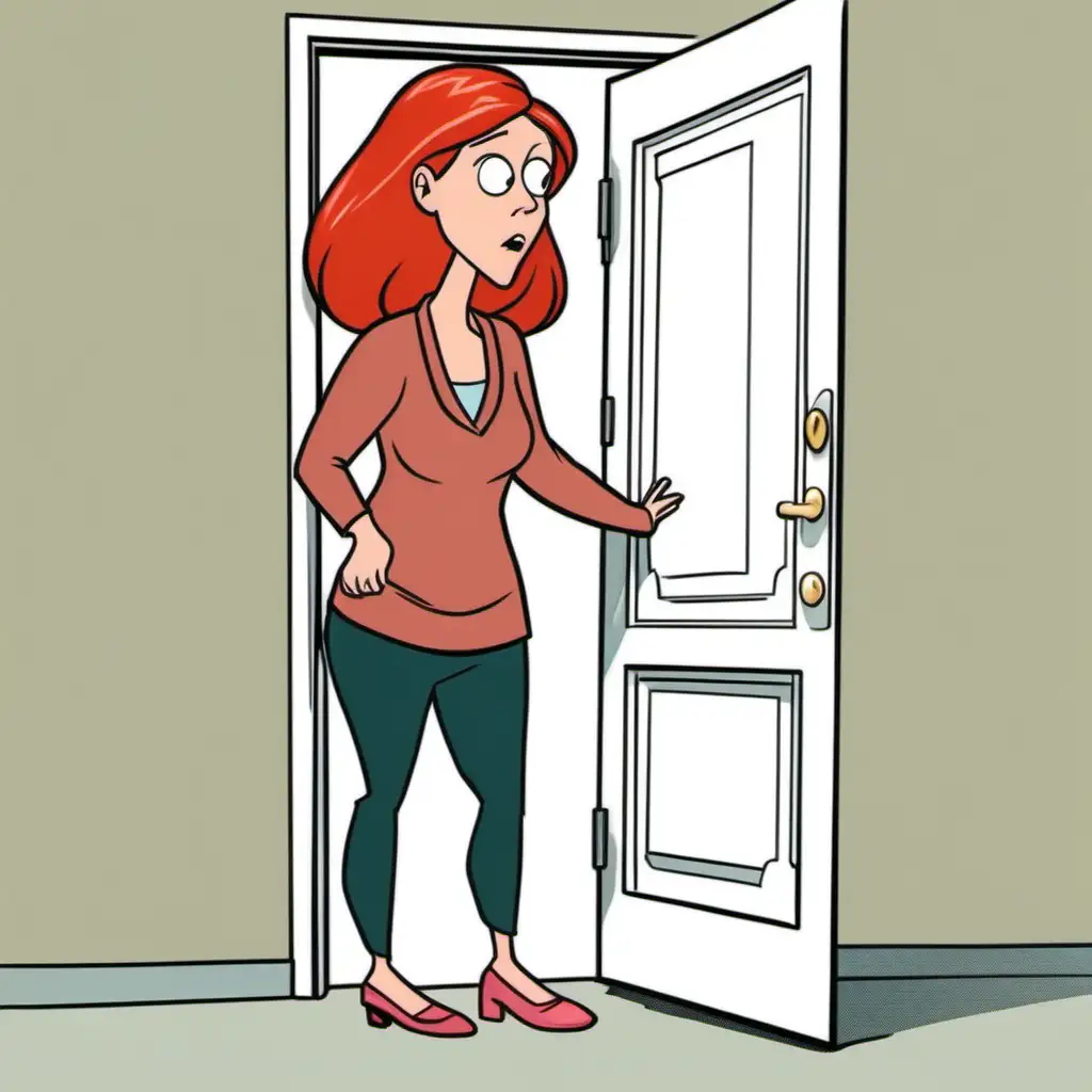 cartoon tall stocky white woman with thin shoulder length red hair leaning forward to open door 
