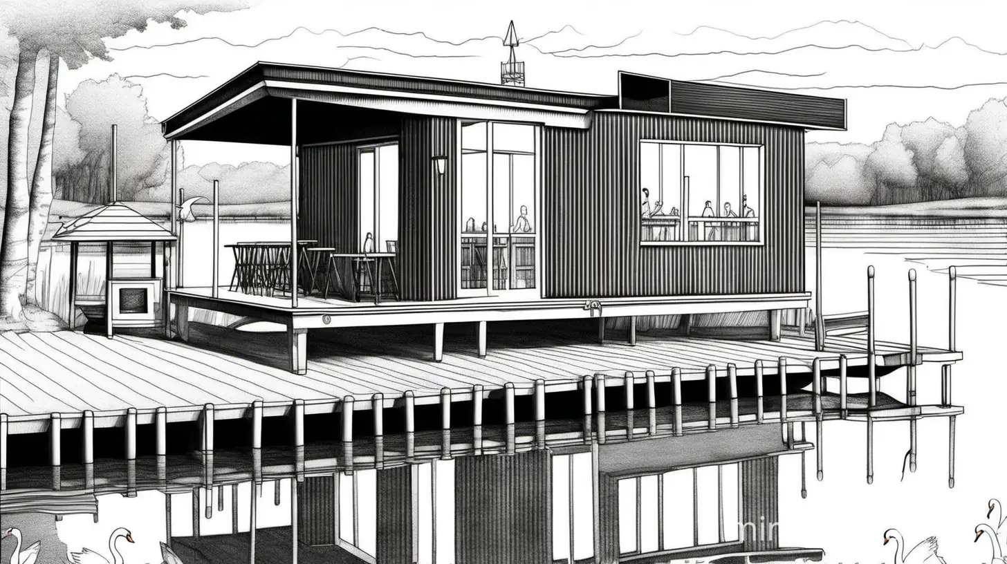 a single floor building on stilts over a small lake, architect line drawing in pencil black and white, with swan pedalos nearby. functions as a bar pub cafe