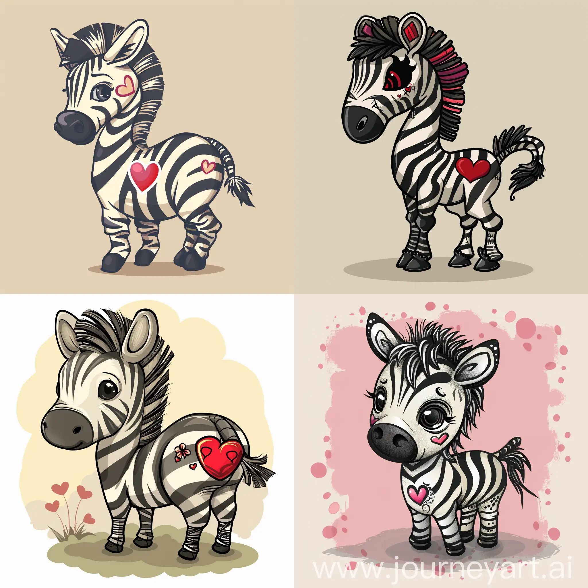 A cartoon of a funky zebra with a love heart tatoo on its rear