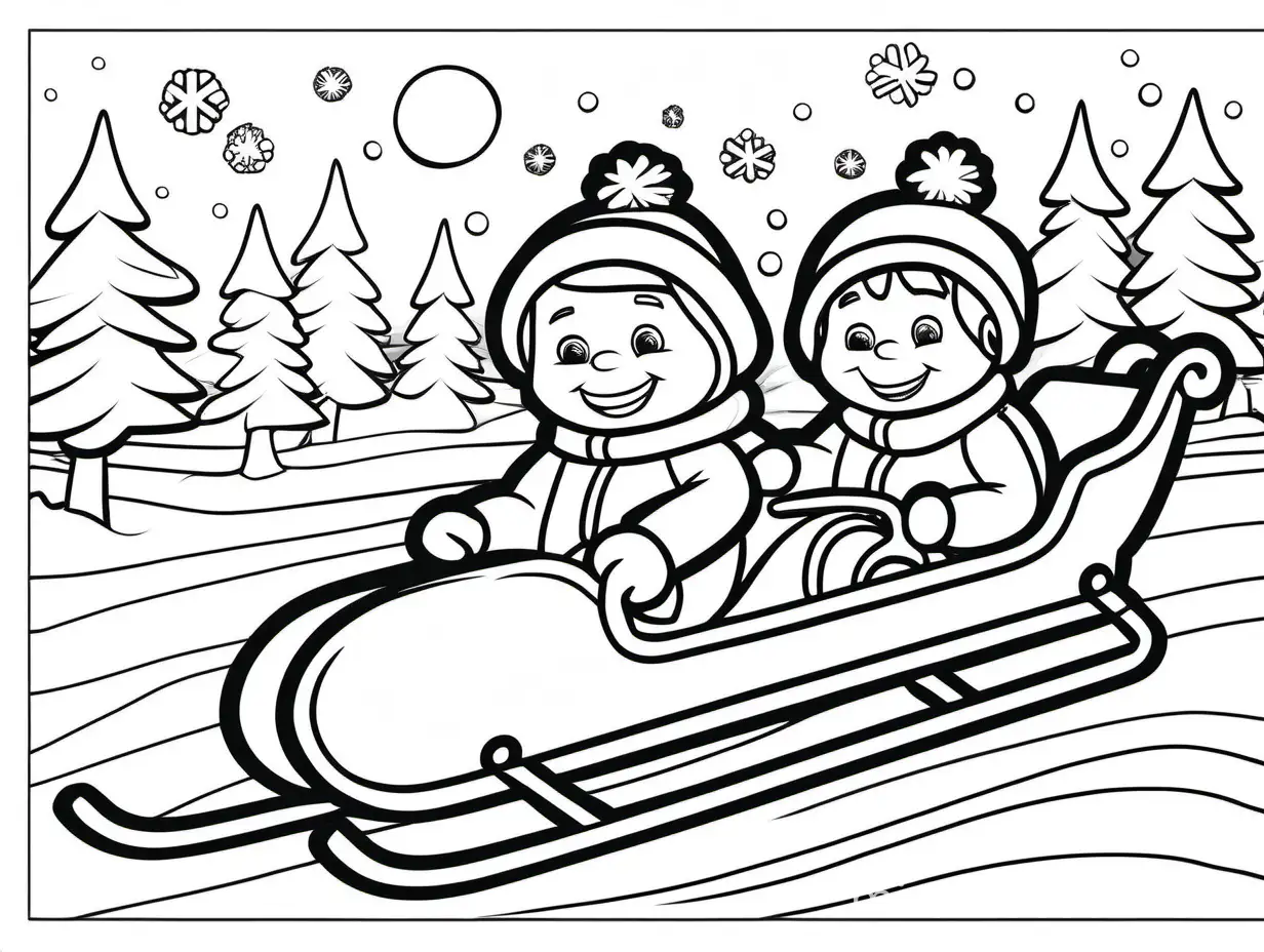 coloring page for kids, children on a sledge, cartoon, cartoon style, thick lines, low detail, no shading