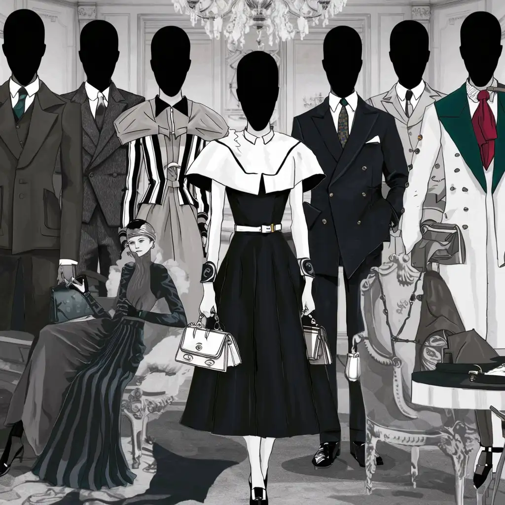 Fashionable Men and Women in Vintage Balenciaga Apparel with Faceless Characters
