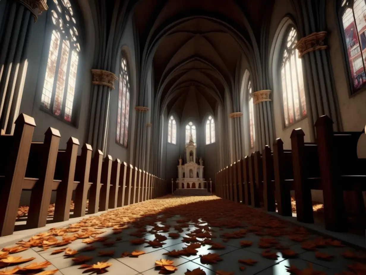 Baroque Church Interior Realistic 4K Gothic Architecture with Fallen Leaves