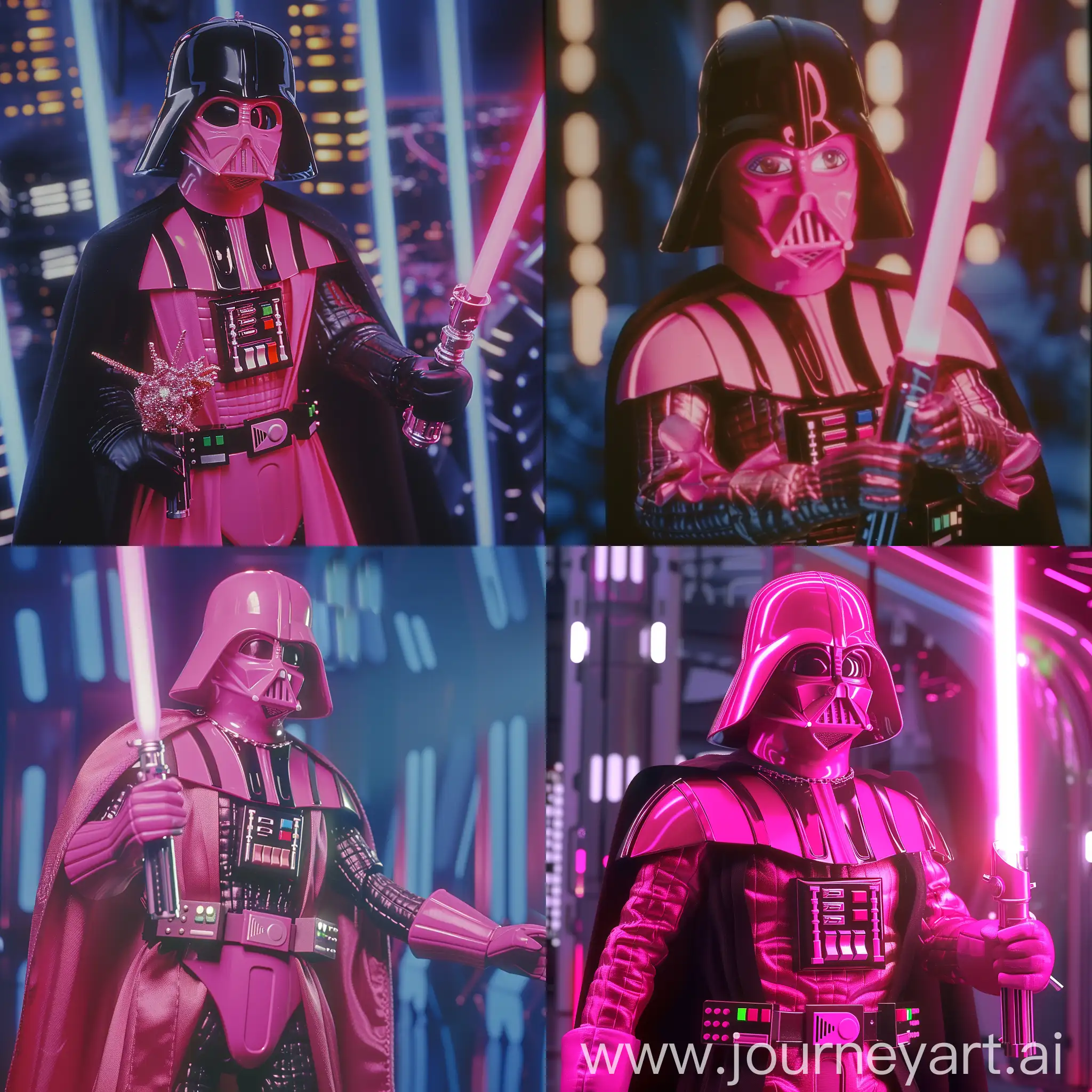 Darth Vader  in anime genre film, dvd screenshot from anime film, barbie Vader wearing barbie (pink and romantic) costume, holding pink lightsaber and 80s anime film composition