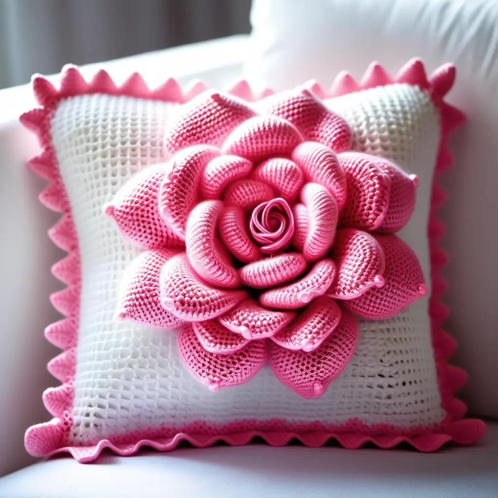 Enchanting HandKnitted Pink Rose Pillow Display with Sparkling Decorative Touch