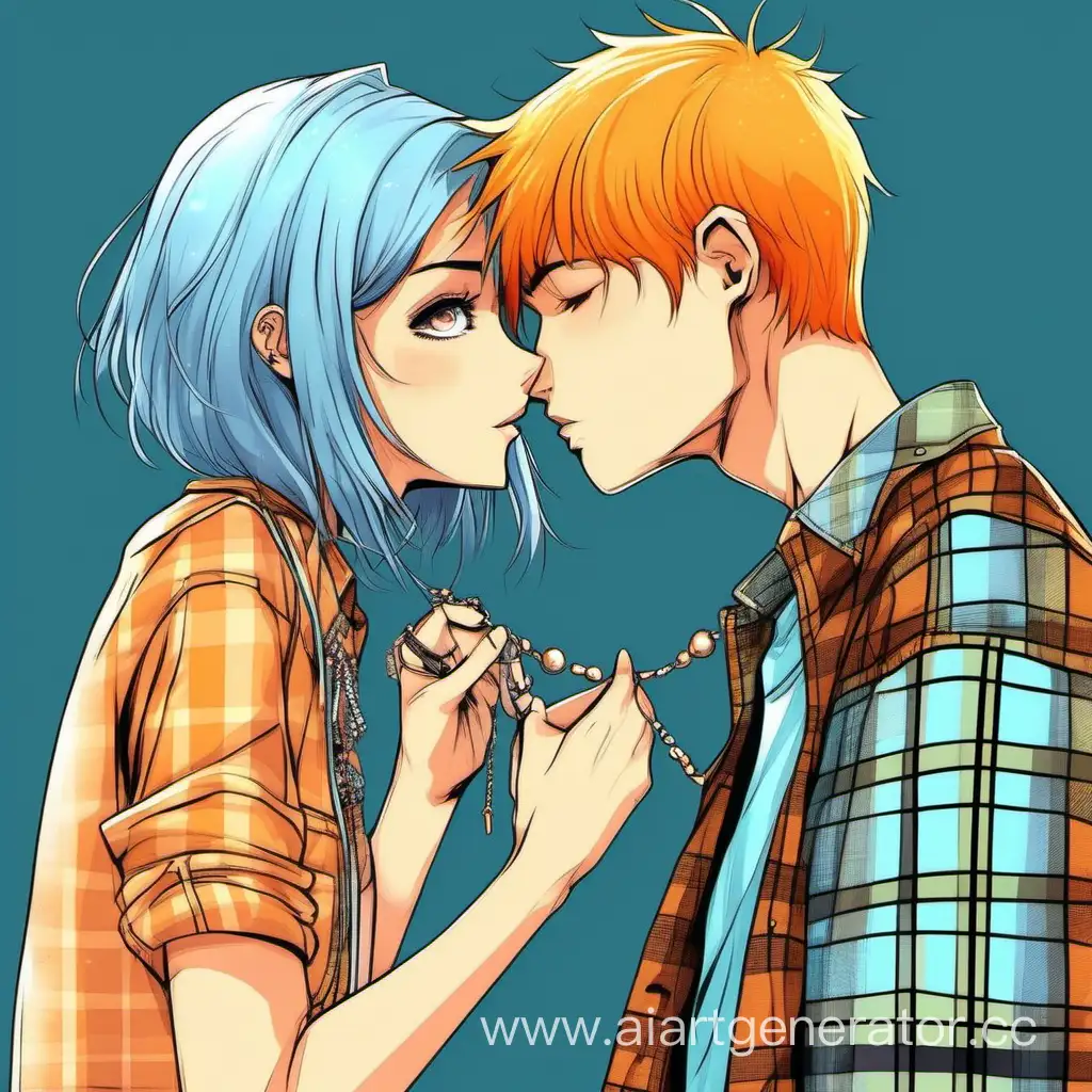 pastel comic style art, young, cute couple, person one - female, light blue shoulder-length hair, BROWN eyes, plaid shirt, jewelry, tall, person two - short height, very short orange hair bobcut, green eyes, yellow clothes. Romantic, comfort, blue haired kiss orange haired