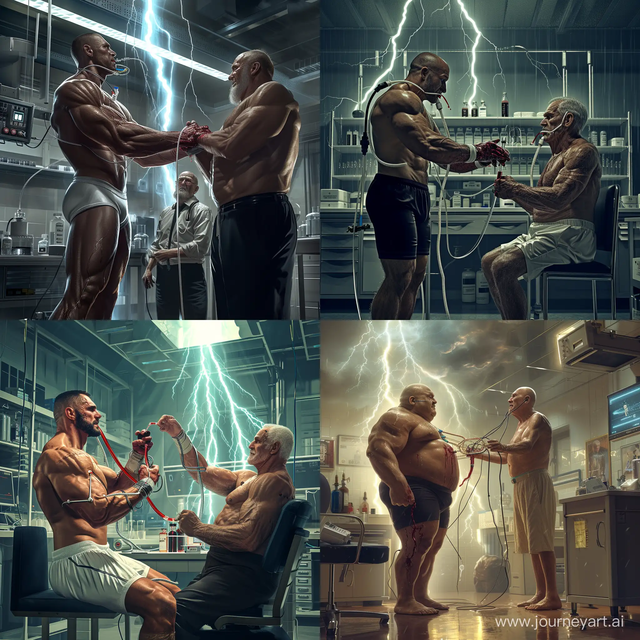 a large athlete is connect by tubes to an old wealthy man,futuristic lab ,,photorealistic,,atmospheric lightning,,,he gives a blood transfusion 