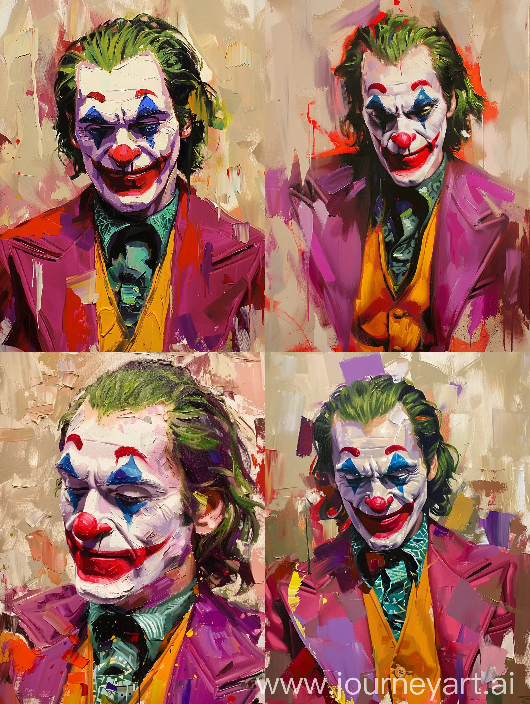 oil painting of the joker in star wars style with bright colors like bright red, purple, pink, yellow beige