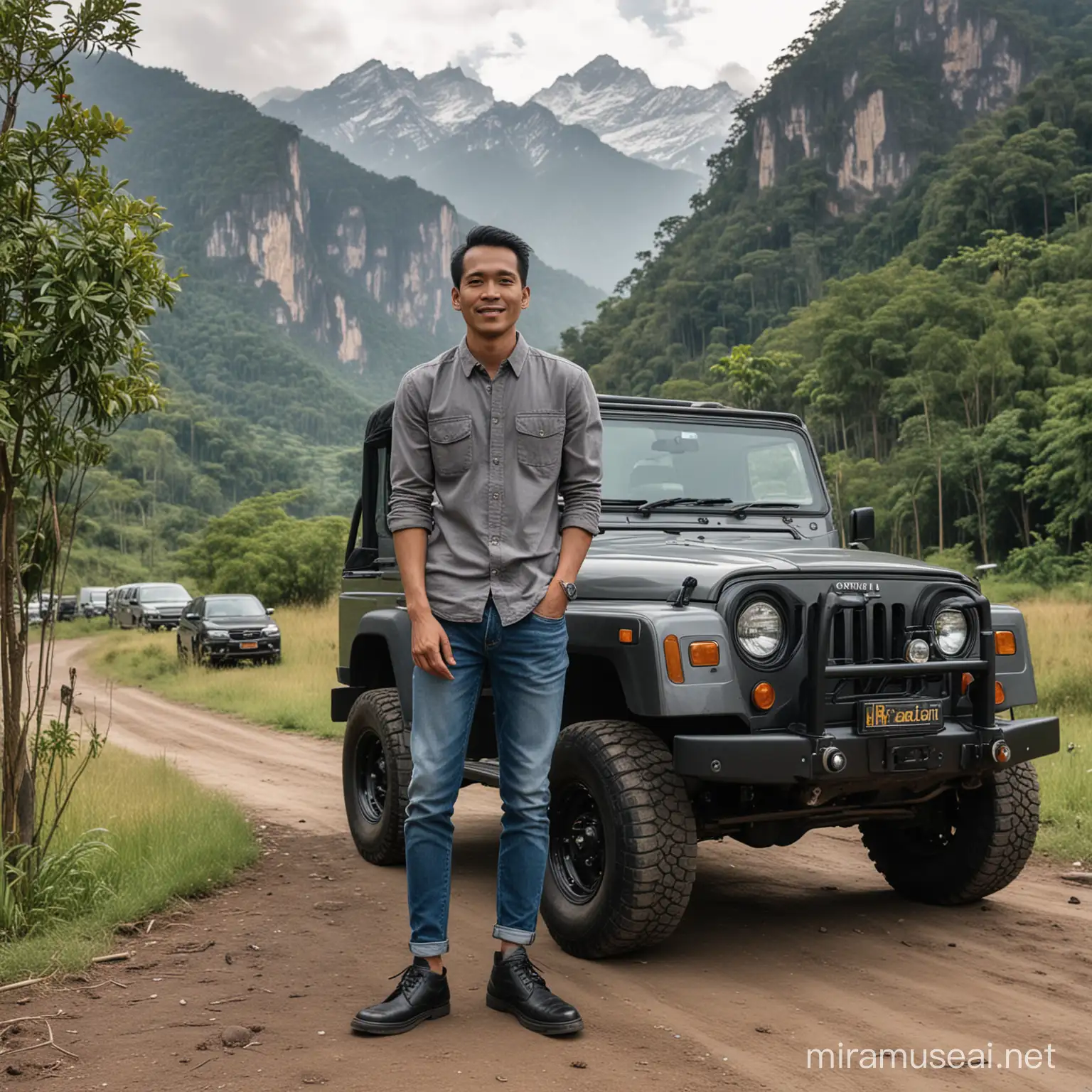 Foto pria indonesia,baju hem abu abu lengan baju digulung,celana jeans,sepatu kulit,berdiri dekat sebuah mobil jeep warna hitam,latar belakang pohon dan gunung