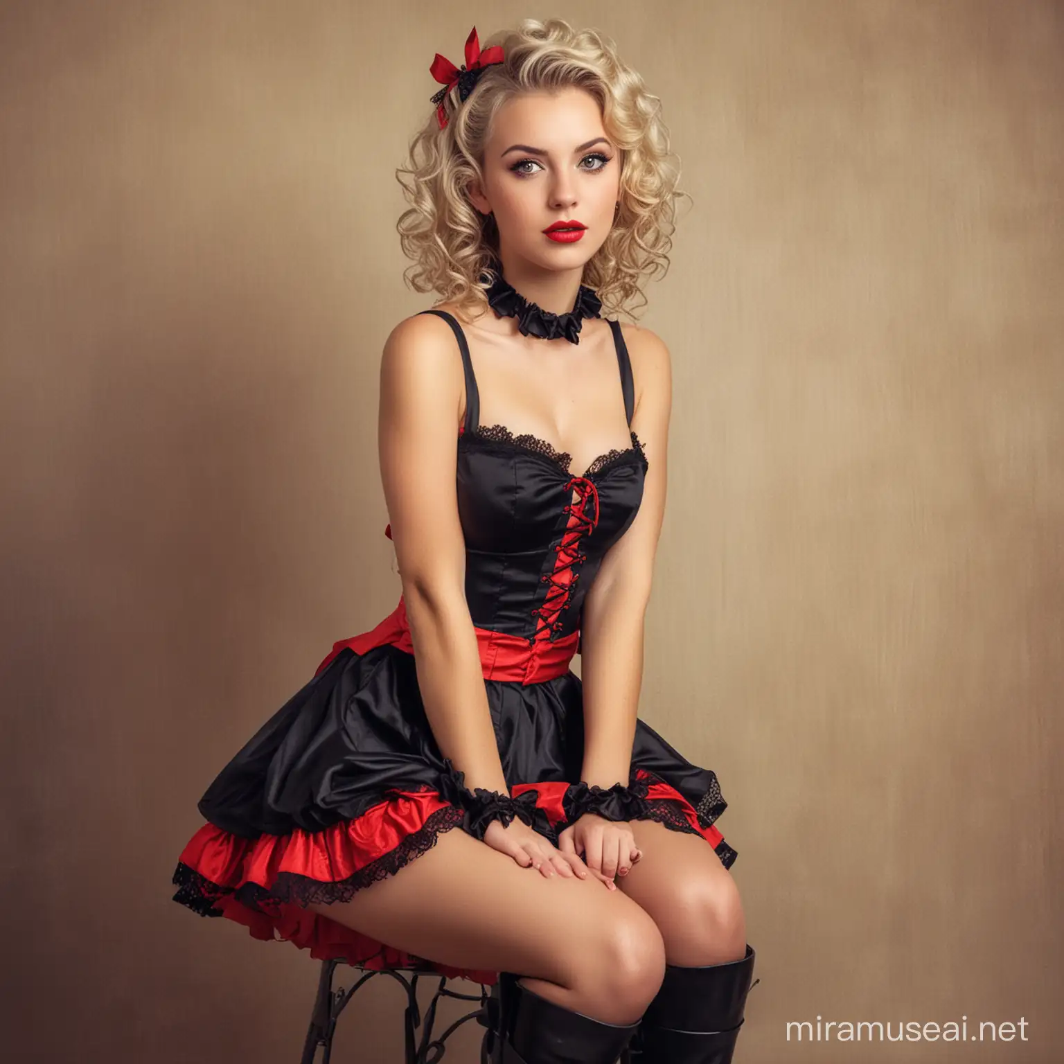 create a beautiful young woman with blonde hair in curls, tied up, olive eyes, wearing a black and red dress, bodice with lace ruffles, short, pin-up style, black boots, listening attentively