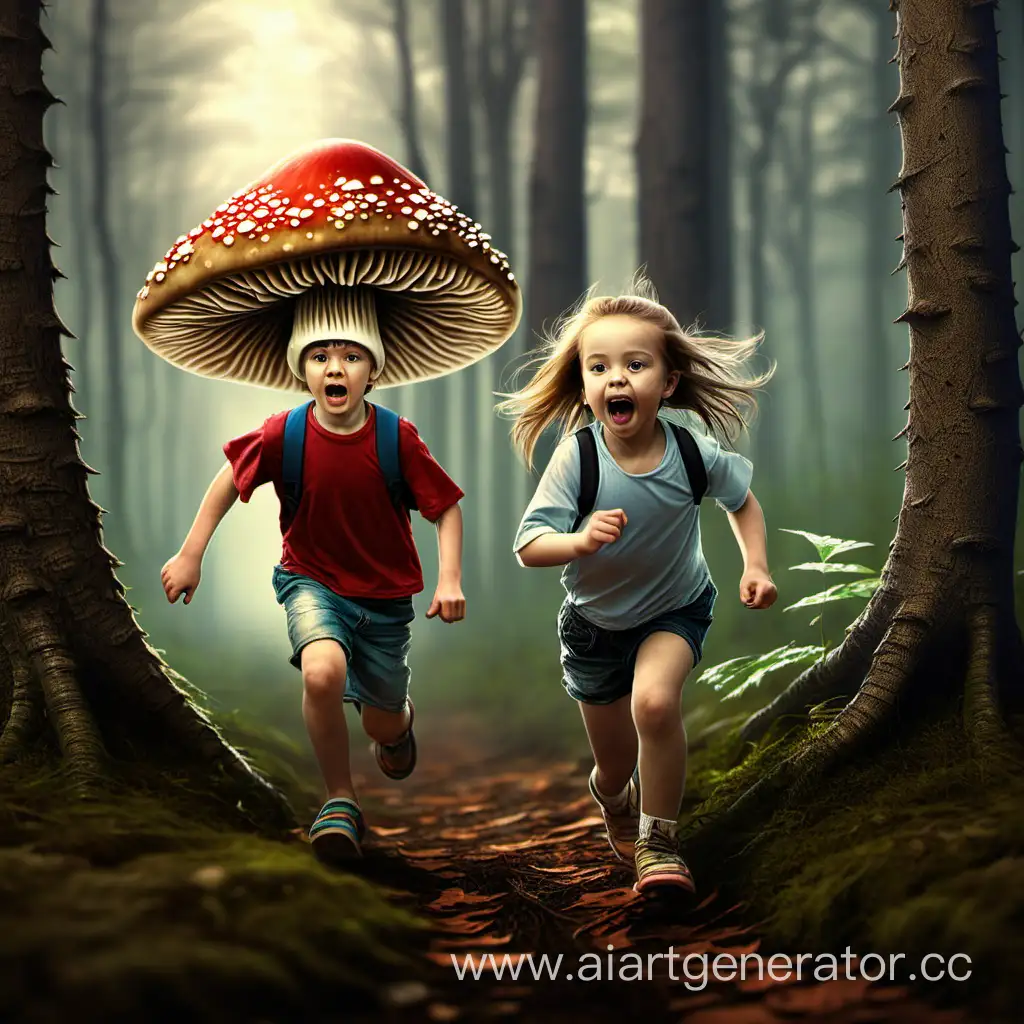 Брат с сестрой бежит в лесу к одному грибу