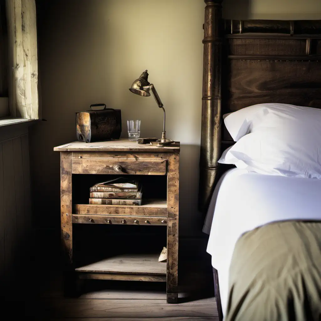 old money hotel rustic bedside table, from a perspective on the bed