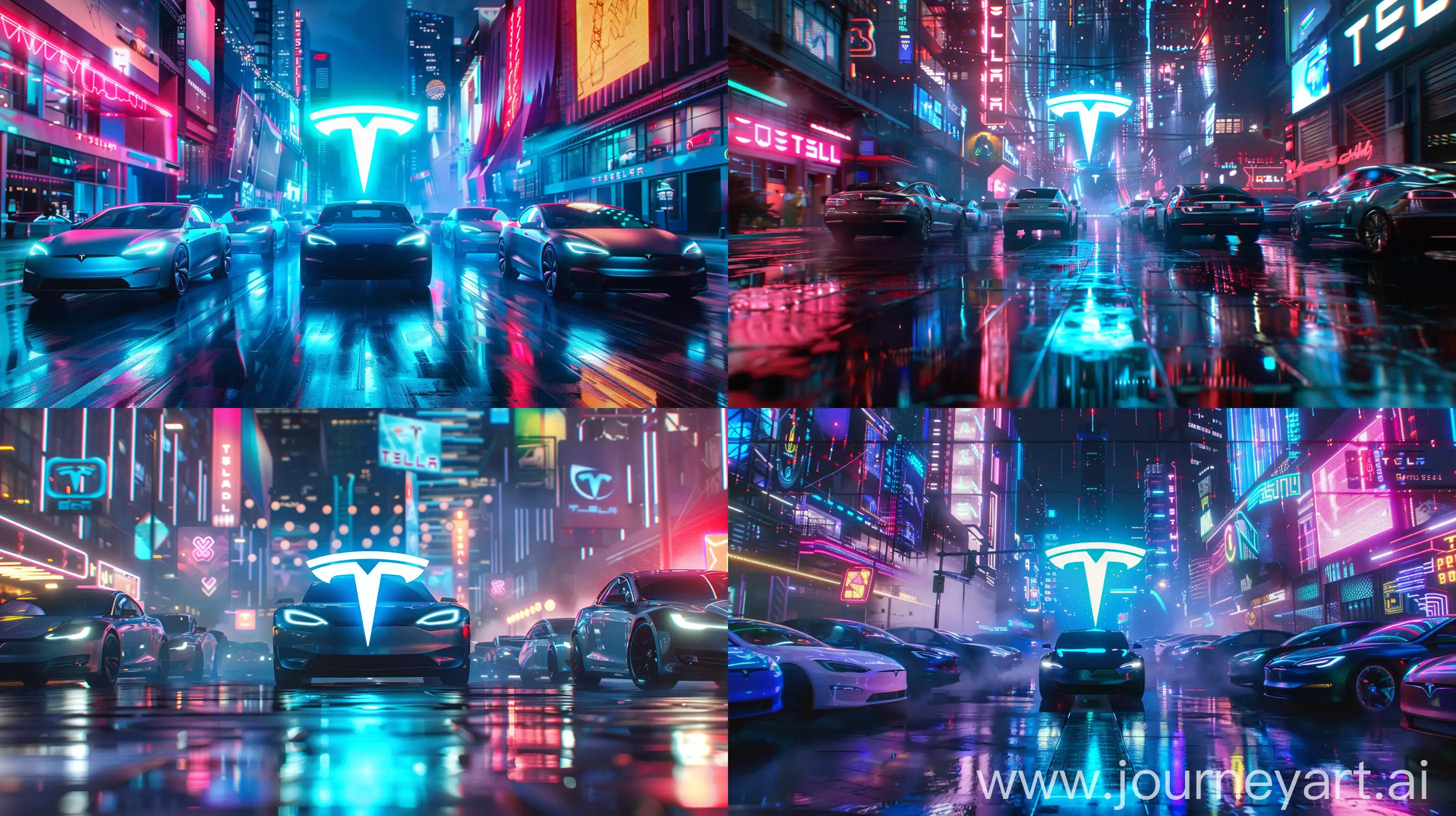 Tesla logo holographically displayed in a futuristic scene, surrounded by sleek cars, all set against a vibrant, neon-lit cityscape --ar 16:9 --v 6.0