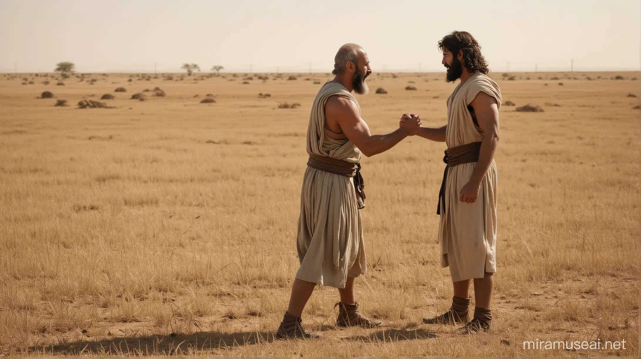 2 men  standing apart,  facing each, about to wrestle each, other in a field. Set in the middle east. During the biblical era of Moses