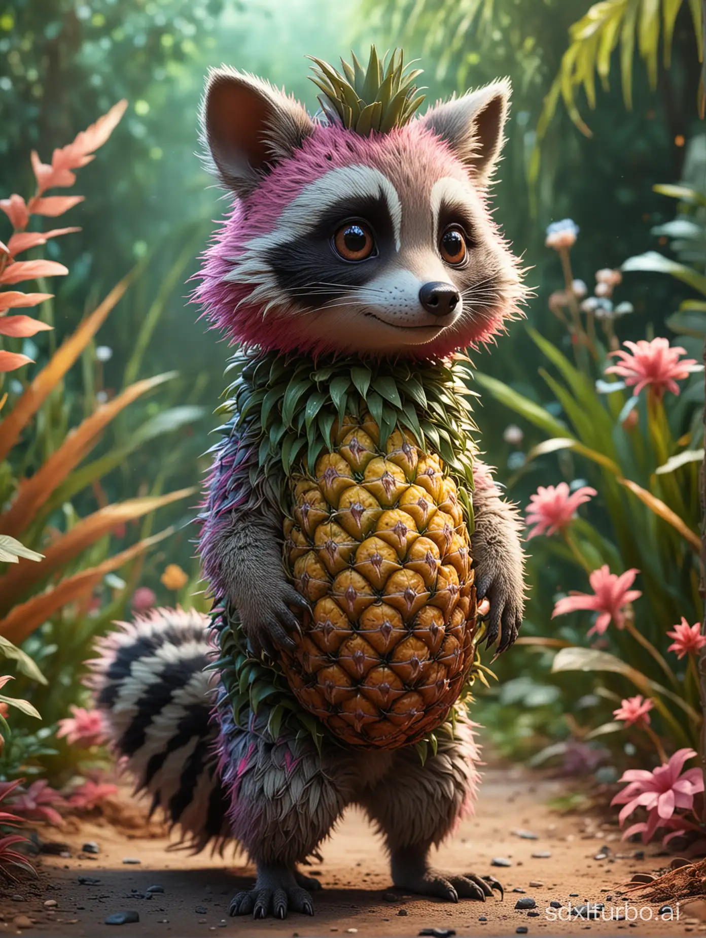 Visualize a fantastical creature blending the traits of a pineapple with pink skin and green-tipped fronds with a cute raccoon in the style of Pixar animation, standing upright. This creature is set against a contrasting background that does not match its color palette, avoiding blending with the creature's vibrant hues. The background should be a softly blurred natural setting, enhancing the focus on the creature. The creature's detailed skin texture, highlighted with digital art finesse and high-quality photography detail, reflects a high degree of surreal realism mixed with anime cuteness. The setting is vertical, ensuring an immersive visual experience that invites viewers to explore the harmony between nature and fantasy. Light and texture are used creatively to emphasize the vivid details of the creature, capturing its essence in a holographic glow. The detailed focus on the creature's expression, posture, and skin texture against the dynamic range of colors and clear background aims to evoke tranquility and wonder in a surreal yet captivating landscape.
