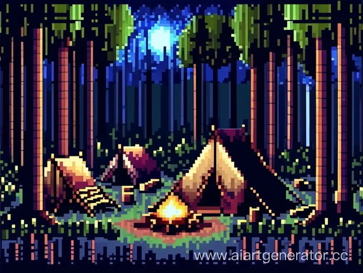 pixel art of a camp in the forest at night dark tones