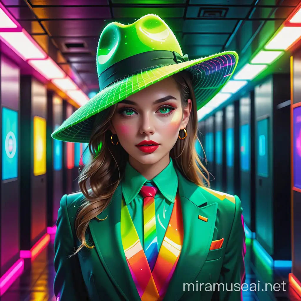 Pixel art, Aivision, body elegant model in elegant geometric style suit ,green  elegant hat , red lips , beautiful eyes , bold neon colors , splash art , splashed neon colors , ( iridiscent glowy ) ( ( motion effects ) ) , best quality , UHD , centered image , MSchiffer art , ( ( flat colors ) ) , ( cel - shading style ) very bold neon colors , ( ( high saturation ) ), The background is a rectangular corridor in rainbow color, dark
