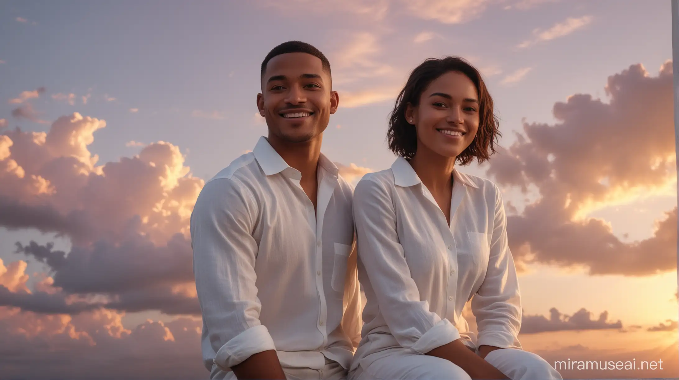 Hyper realistic, wide shot, from behind, of a happy smiling cute round faced, clean shaven, 30 years old, young African American businessman with buzzcut hair, he is wearing white linen shirt and pants, he is sitting in the sky on a cloud watching the sunset, with amazing beautiful happy smiling Columbian woman with long black hair, she is wearing a high neck white linen collared shirt with long sleeve and pants, they have their backs to the camera, highly realistic eyes, accurate nose, pink clouds, accurate mouth, cinematic shot, sharp focus, fine details, 8k, HDR, realism, realistic, film still, depth of field, unreal engine, f/11, key visual, superb cinematic color grading, dynamic lighting, 75mm, Technicolor, Panavision, cinemascope, action movie screenshot, Canon EOS R6