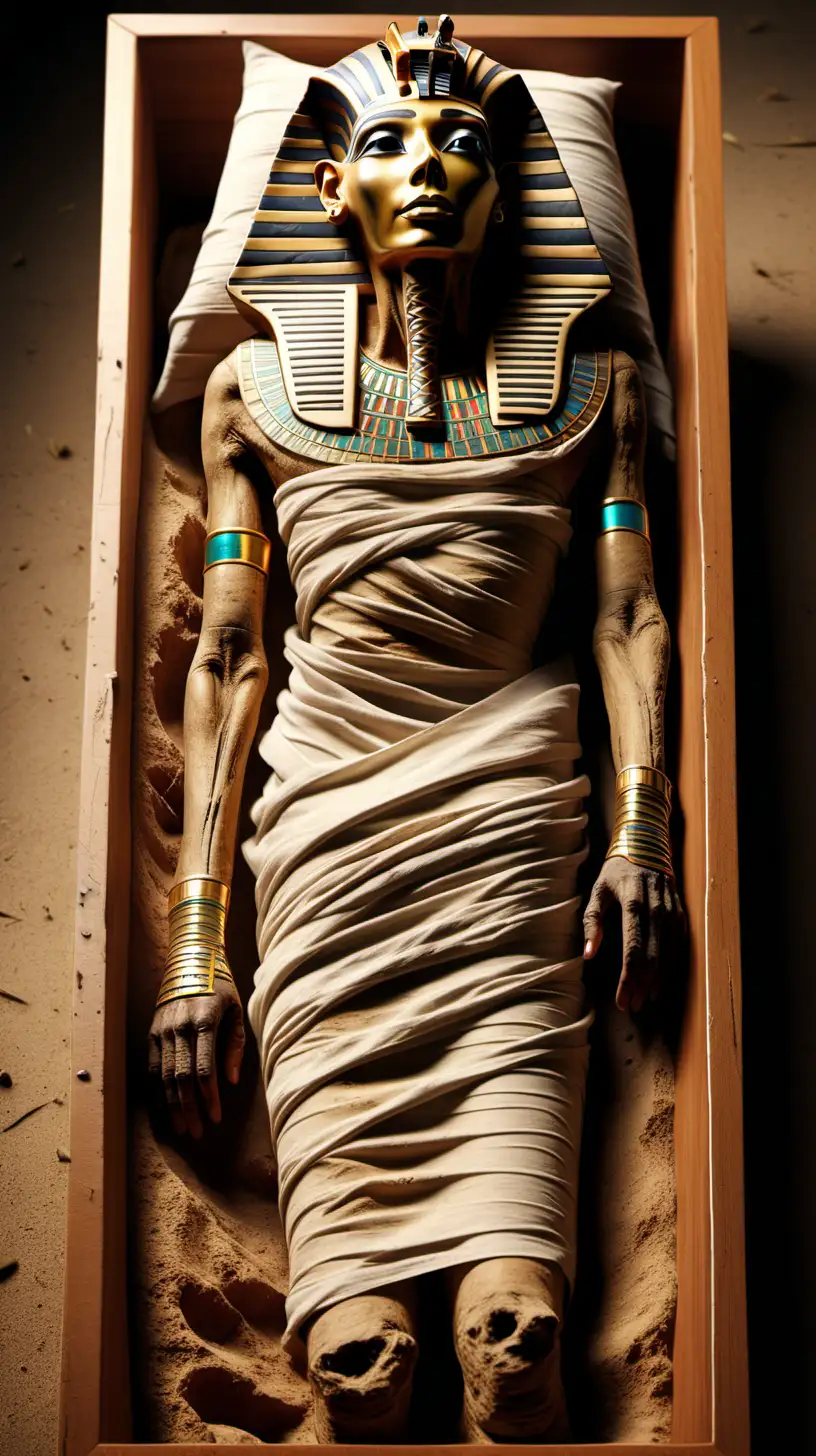 create a image of a realistic  egyptian mummy laying in a coffen

