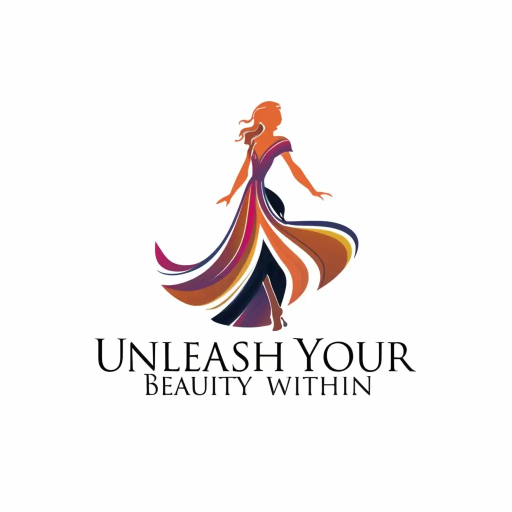 a logo design,with the text "Unleash Your Beauty Within", main symbol:Female silhouette in a flowing dress,Moderate,be used in Nonprofit industry,clear background