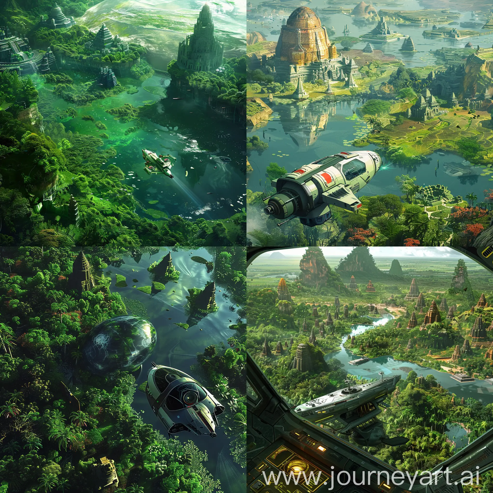 Vista de perspectiva de una pequeña nave espacial y de fondo un planeta alienígena muy verde con vegetación y agua abundante, desde el espacio se ven templos en el planeta