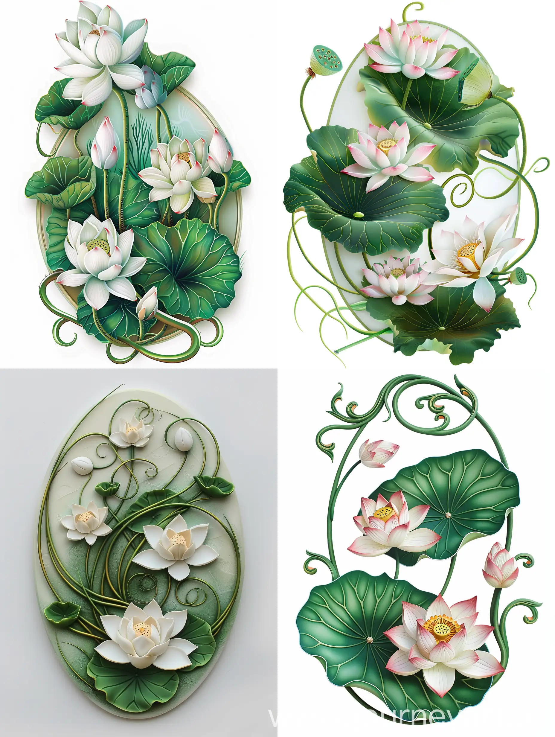 Lotus flowers, long thin green leaves forming a curly ornament, oval-shaped, three-dimensional style, on a white background