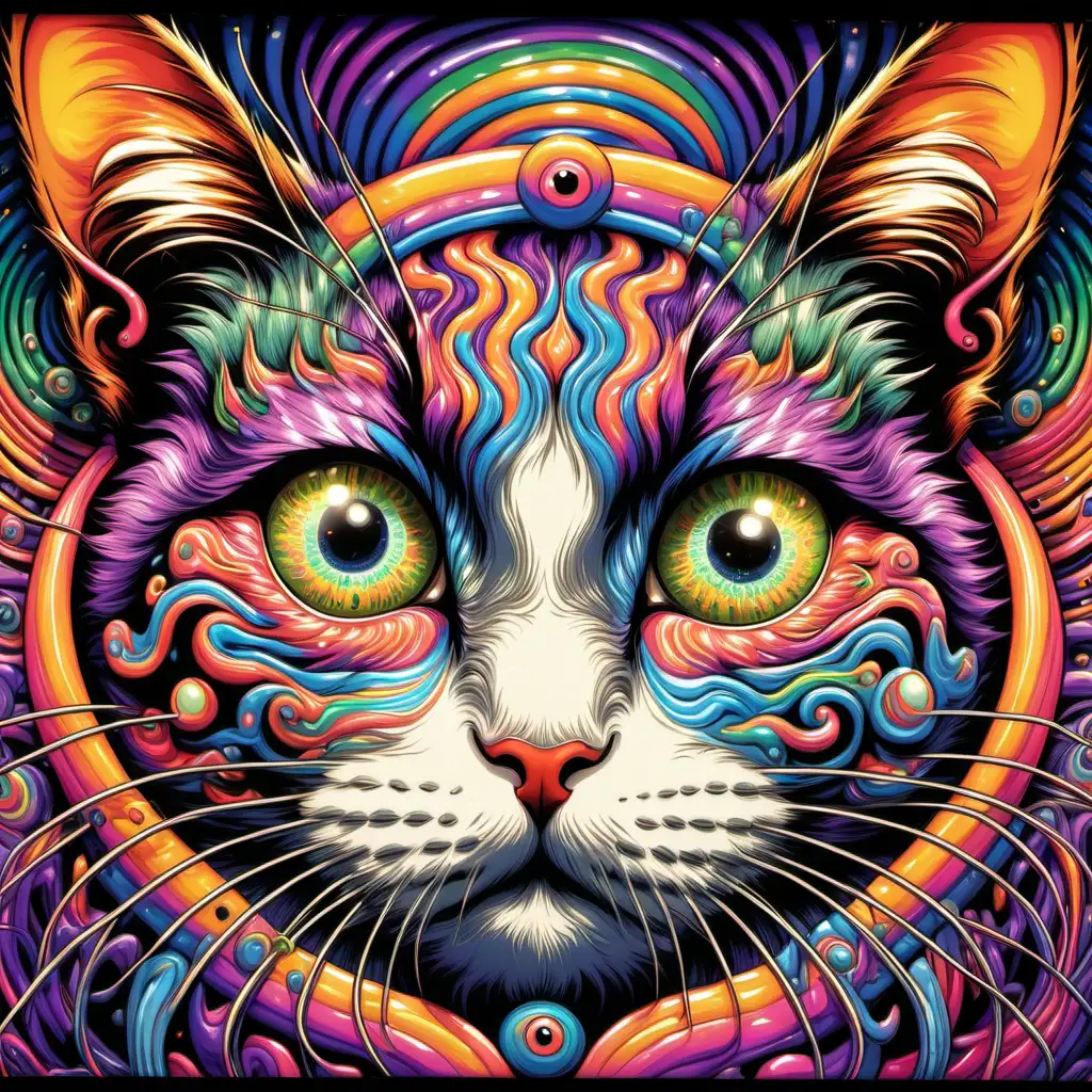 psychedelic cat with crazy eyes, hypnotic eyes, framed outside edge
