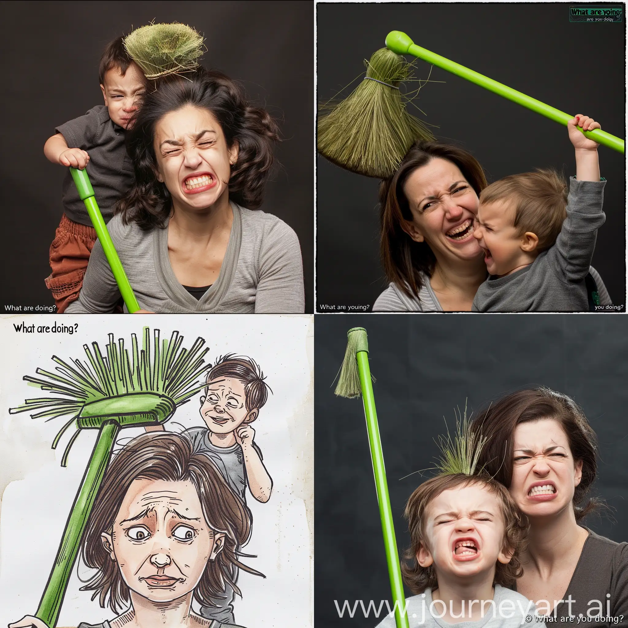 a toddler boy, green broom in hand, sweeps his mother’s head with playful abandon. The bristles tickle her scalp, and she flinches, her anger rising. “What are you doing?” she scolds, her voice a mix of exasperation and affection. The little one grins, unaware of the trouble he’s stirred.